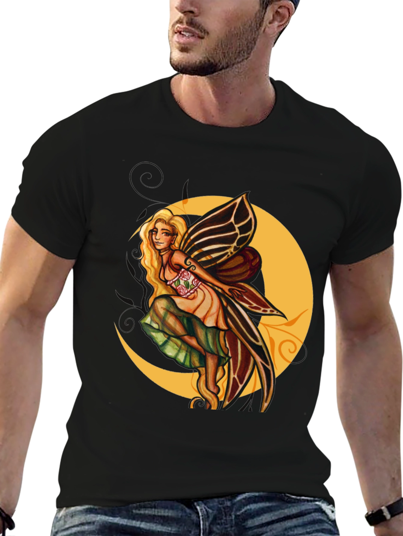 Fairy Moon Graphic Tee - Black Cotton Blend