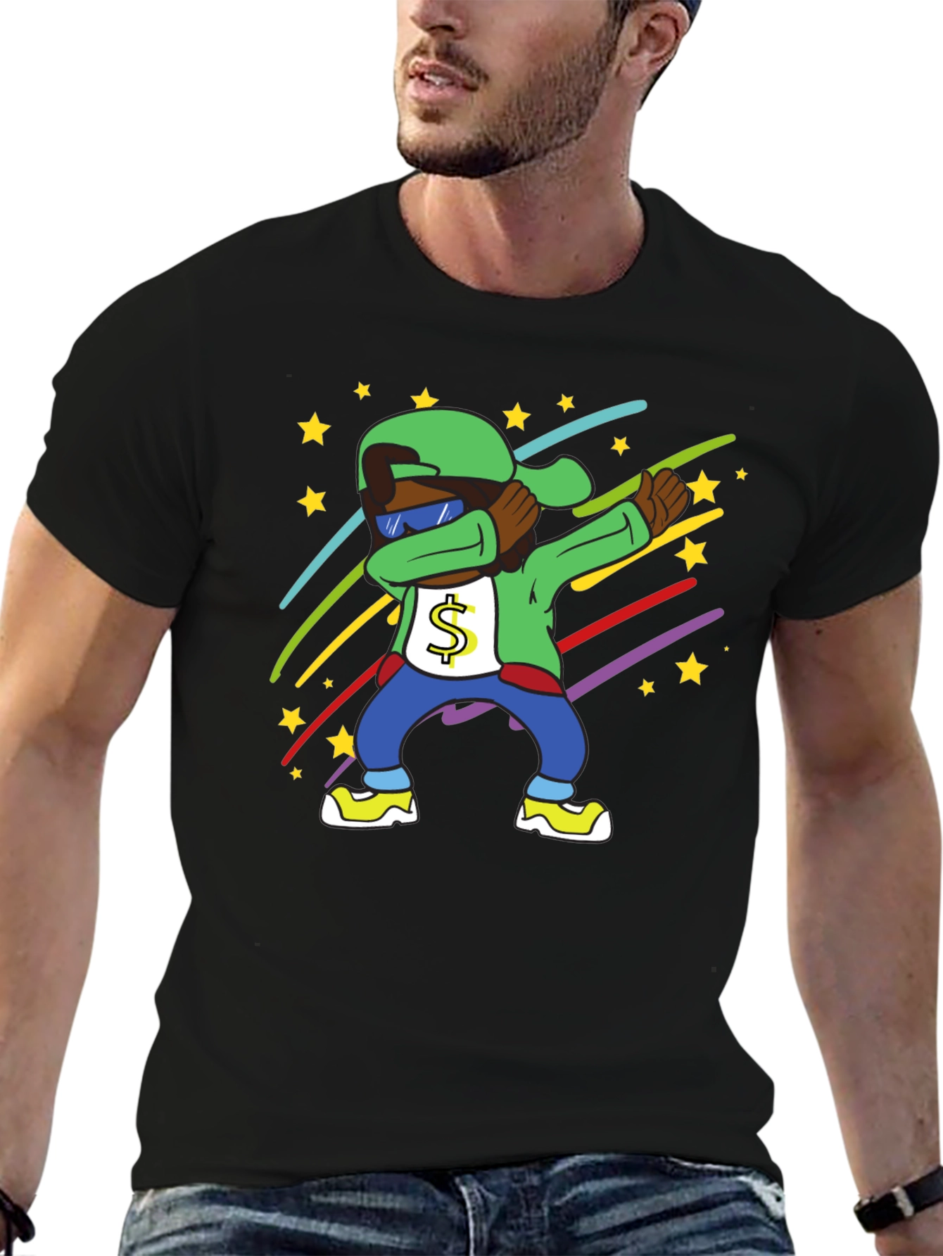 Dabbing Cartoon Character Tee - Mens Black T-Shirt
