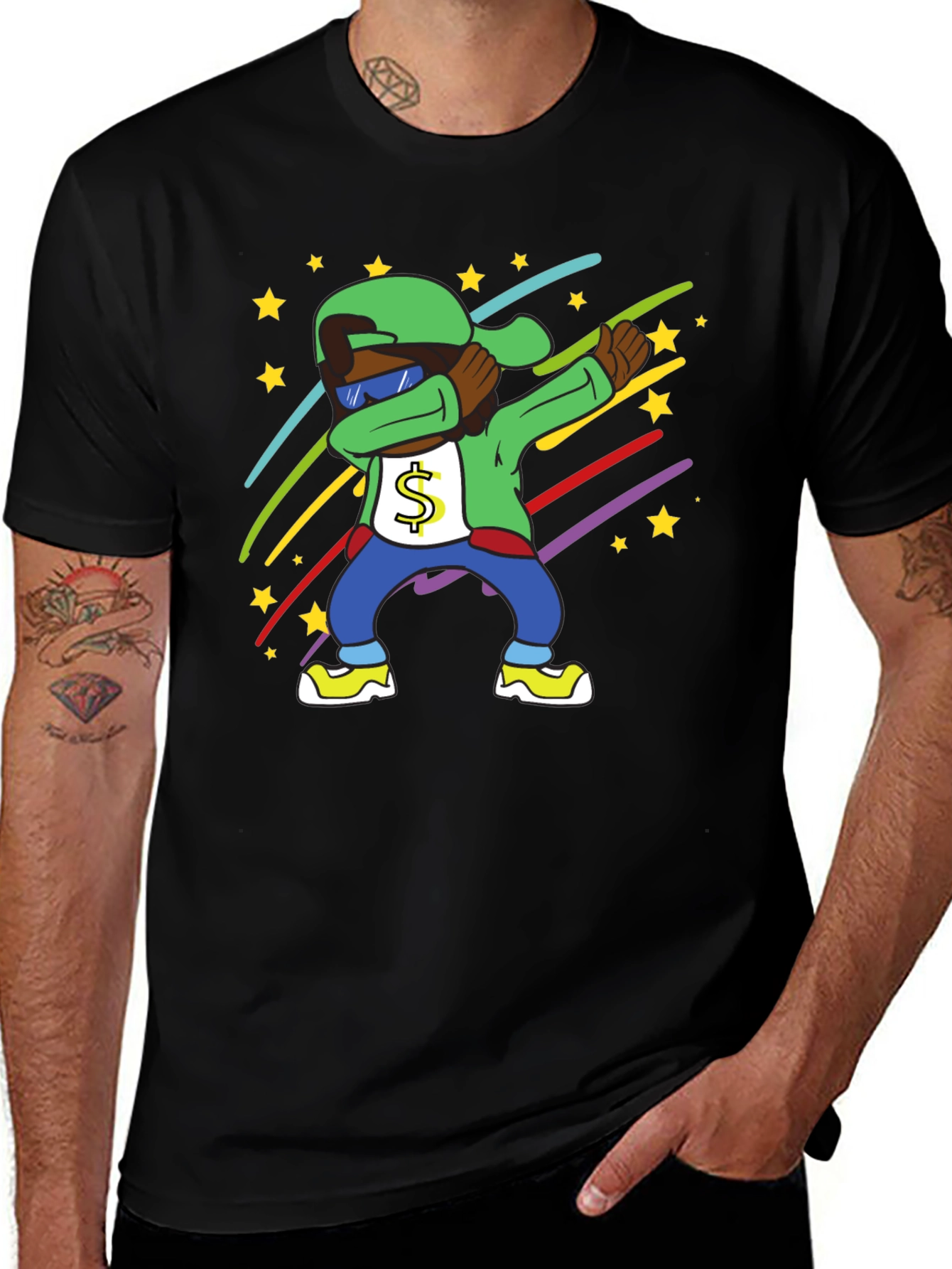 Dabbing Cartoon Character Tee - Mens Black T-Shirt