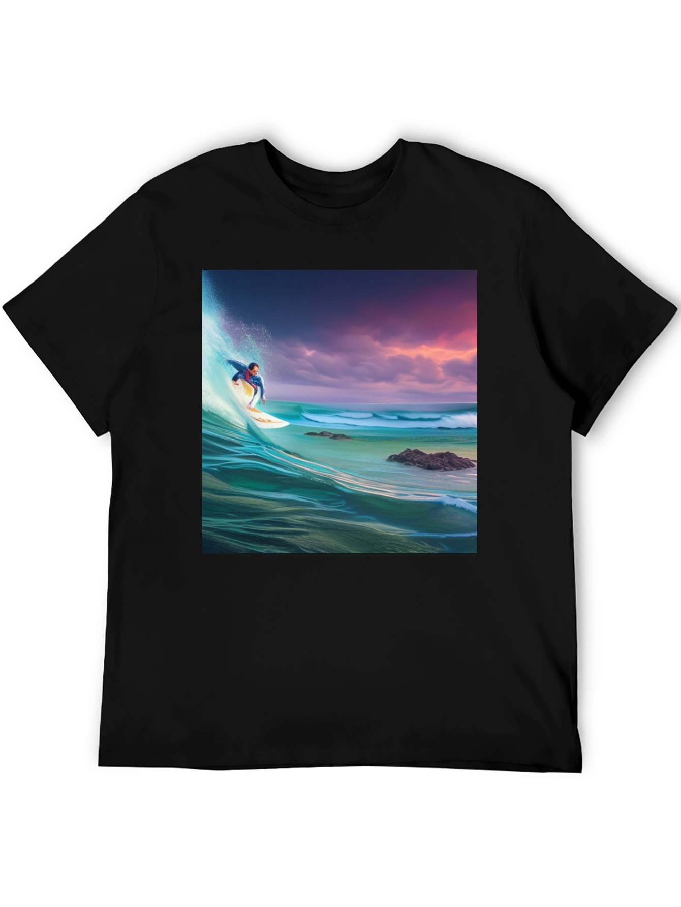 Surfer Wave Graphic Tee - Black Cotton Blend
