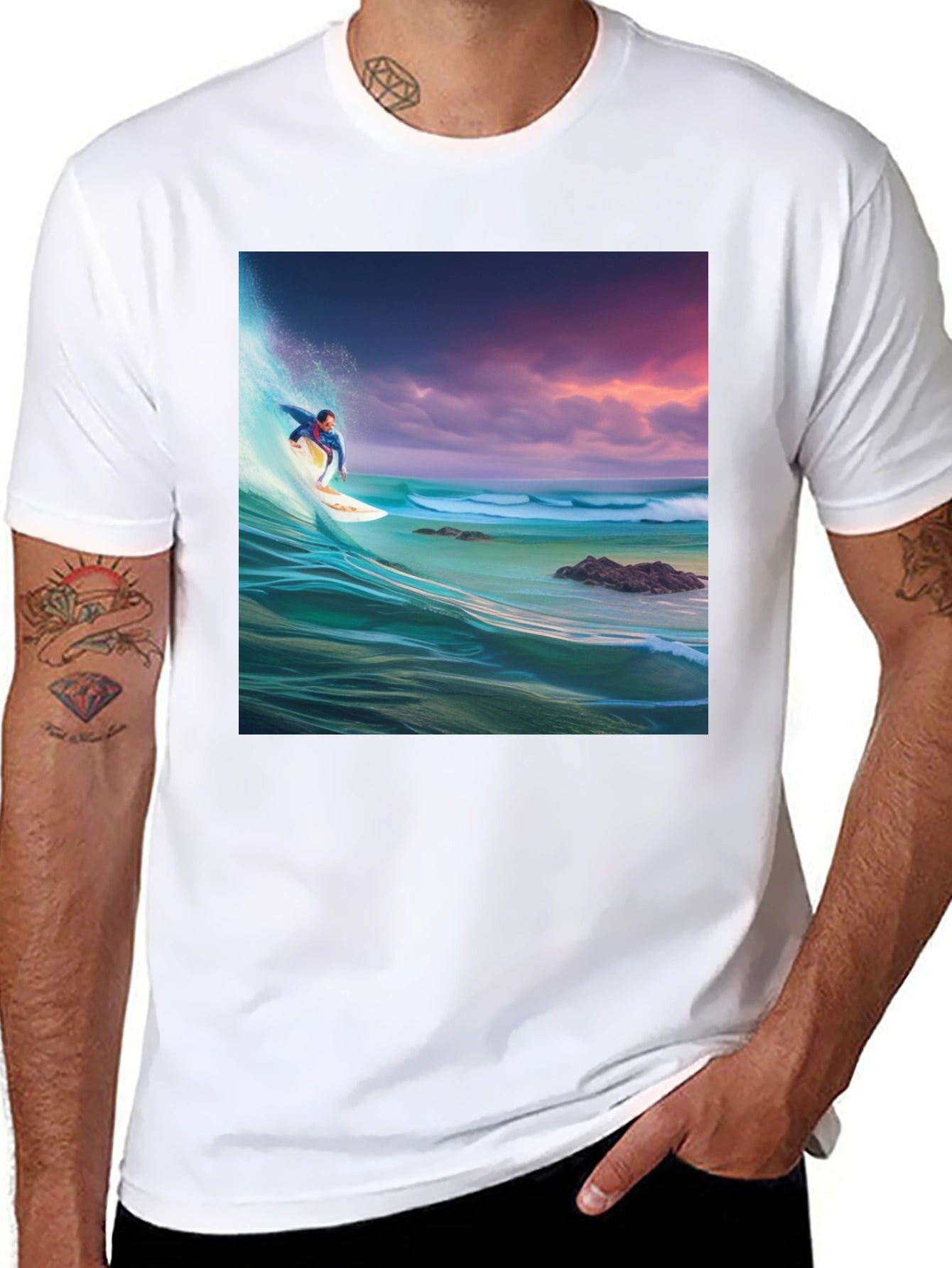 Surfer Wave Graphic Tee - Black Cotton Blend