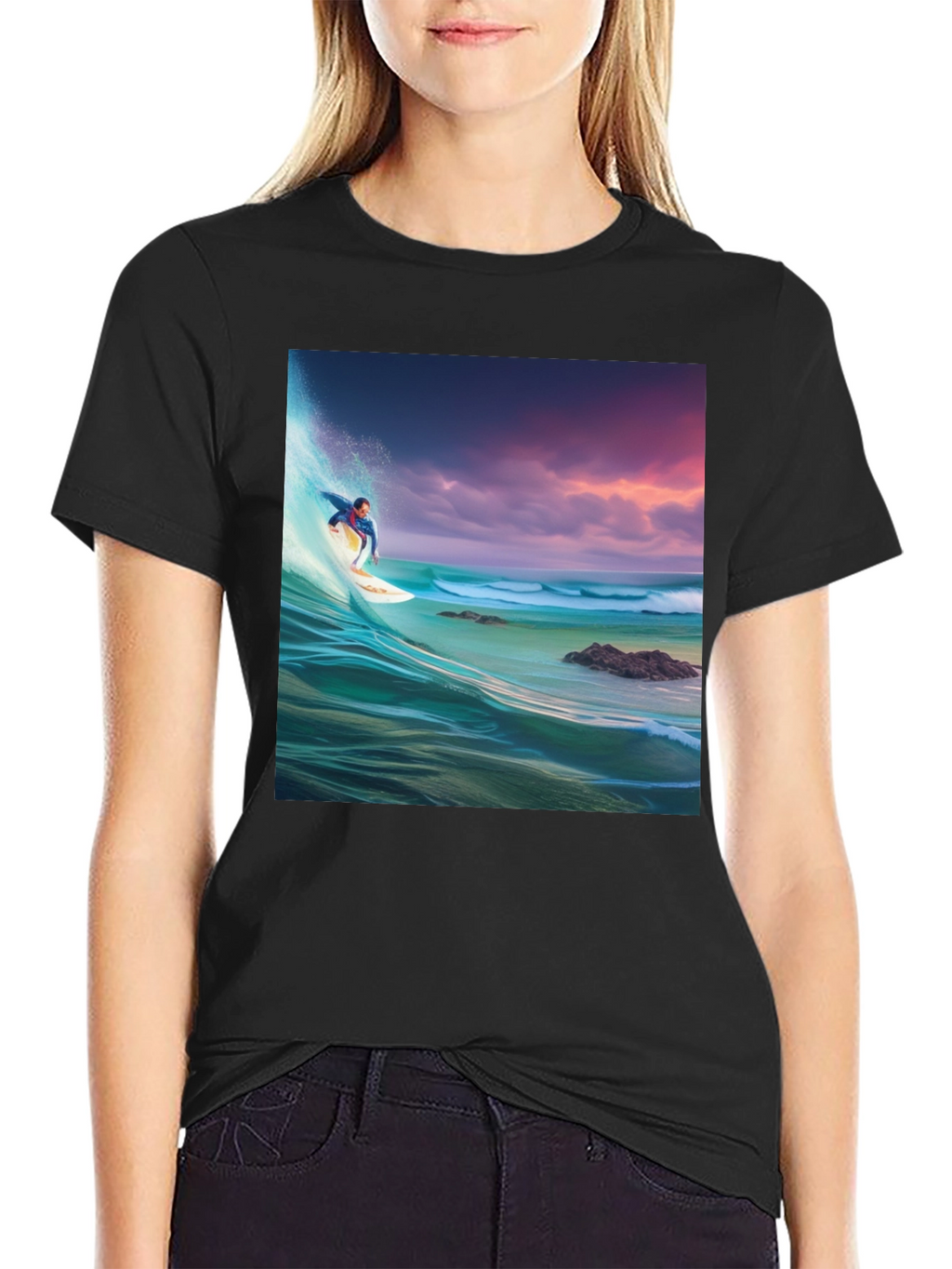 Surfer Wave Graphic Tee - Black Cotton Blend