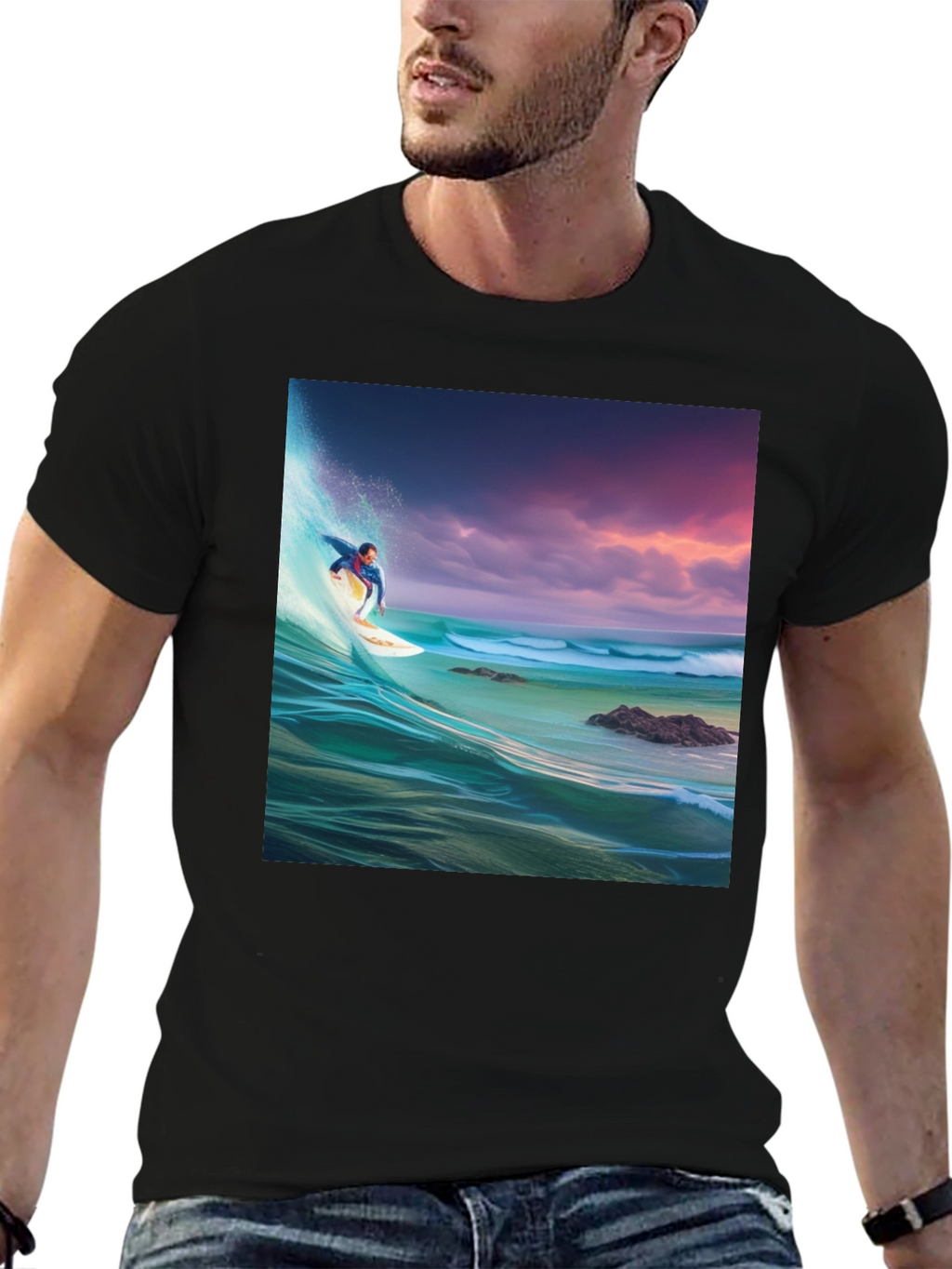 Surfer Wave Graphic Tee - Black Cotton Blend
