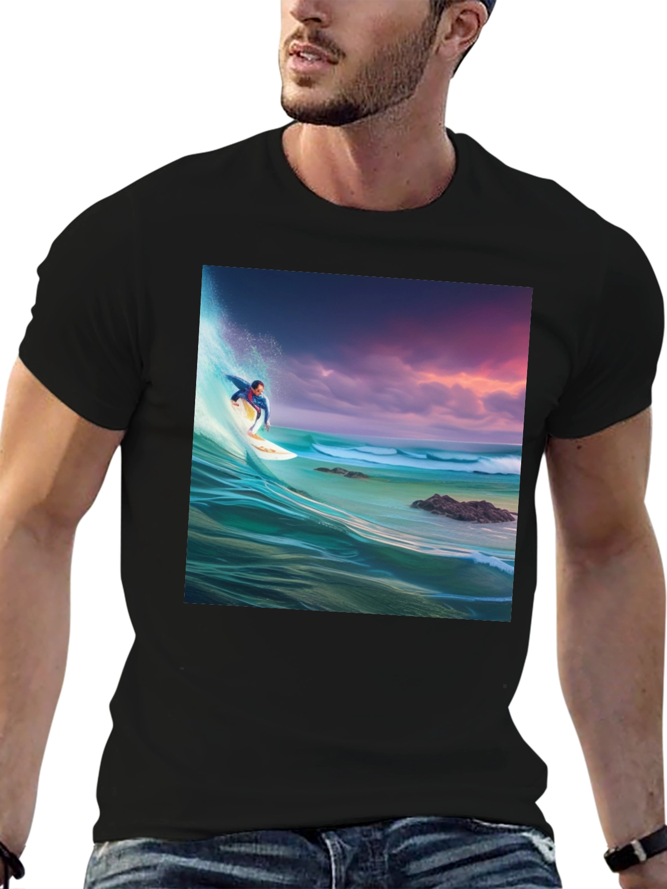 Surfer Wave Graphic Tee - Black Cotton Blend