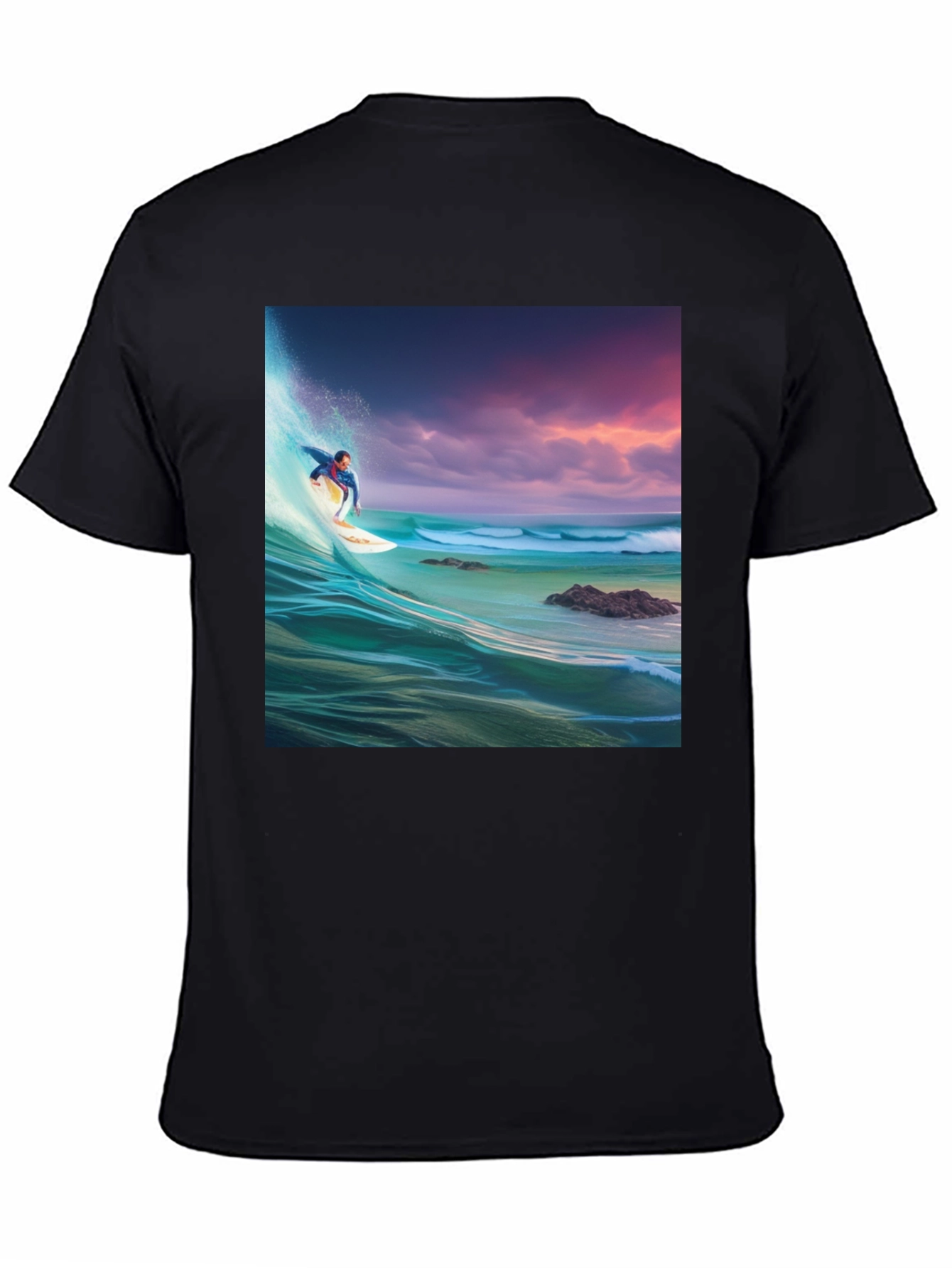 Surfer Wave Graphic Tee - Black Cotton Blend