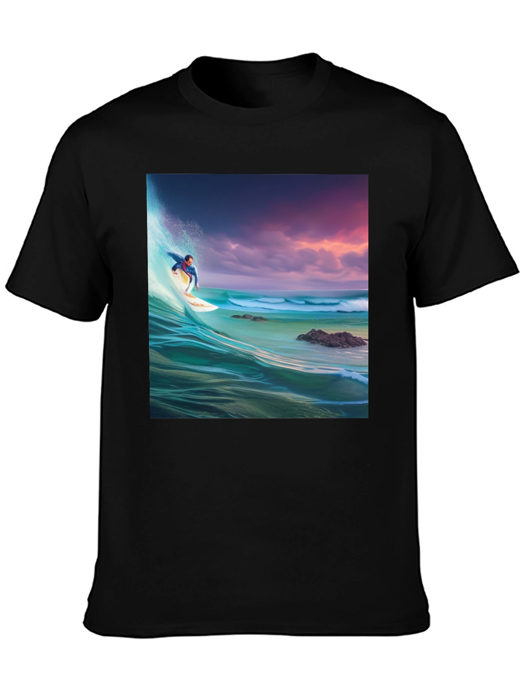 Surfer Wave Graphic Tee - Black Cotton Blend