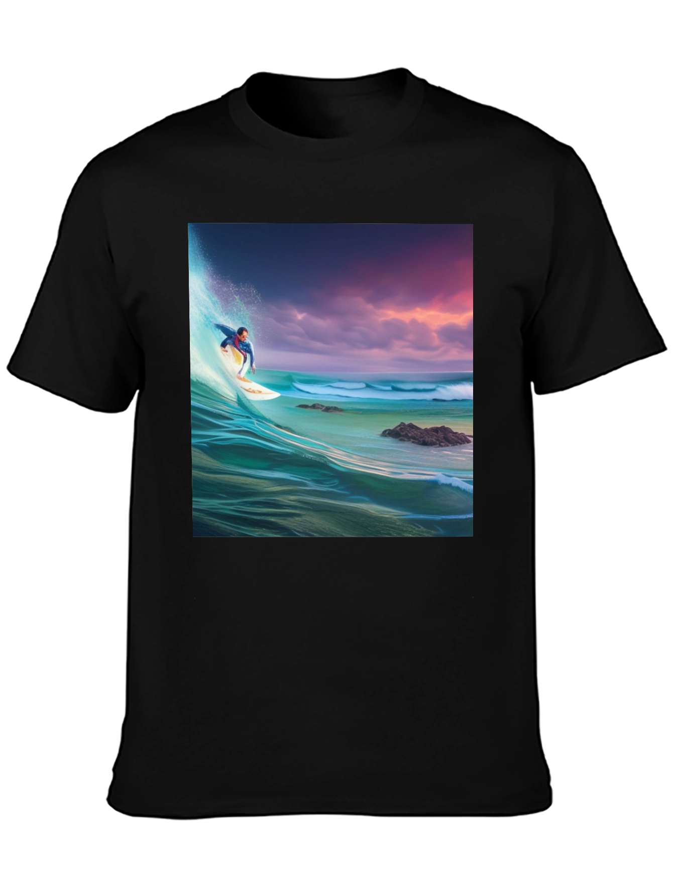 Surfer Wave Graphic Tee - Black Cotton Blend