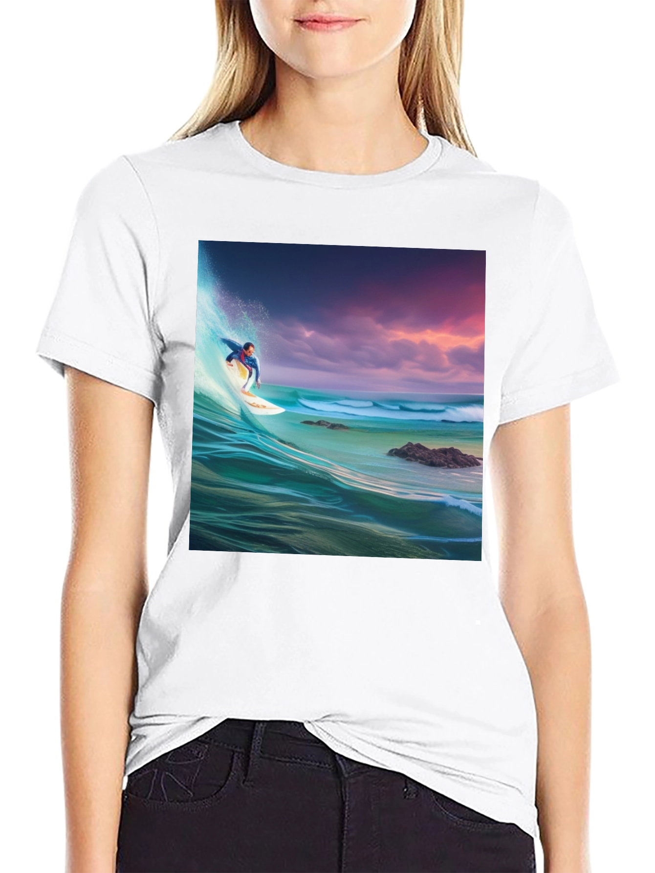 Surfer Wave Graphic Tee - Black Cotton Blend
