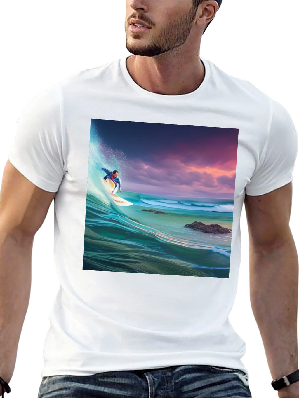 Surfer Wave Graphic Tee - Black Cotton Blend