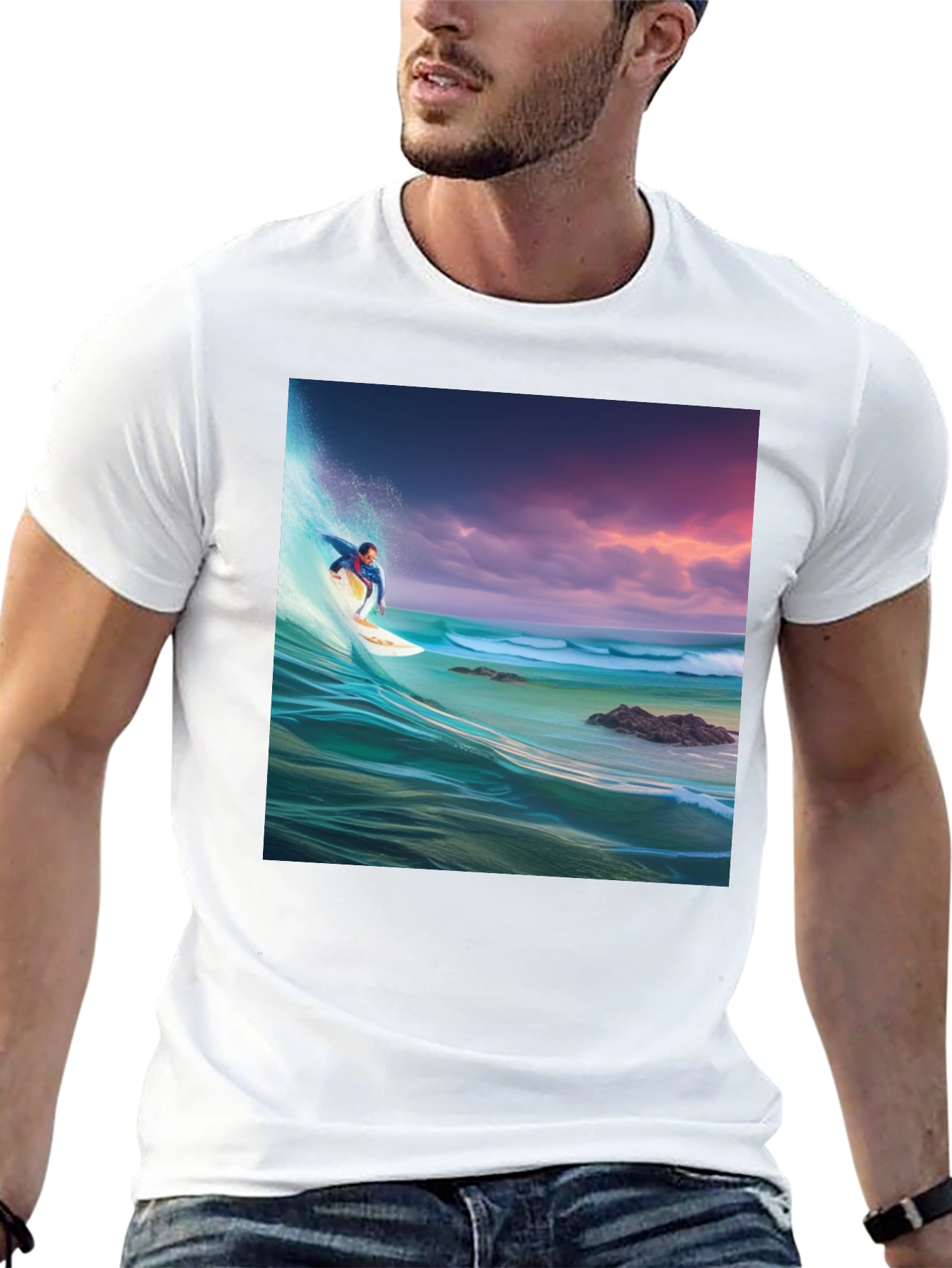 Surfer Wave Graphic Tee - Black Cotton Blend