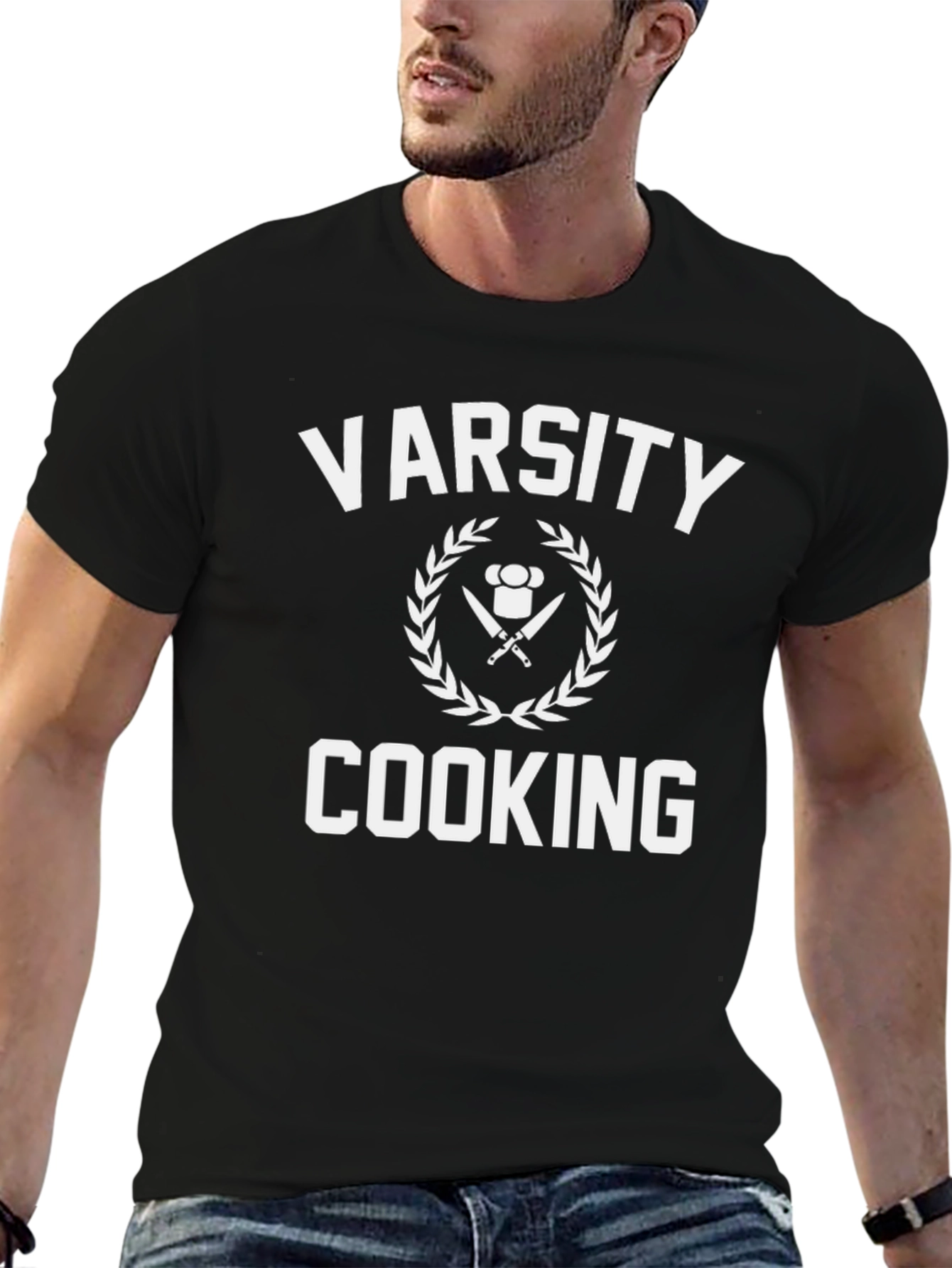 Varsity Cooking T-Shirt - Chefs Knife & Hat Design