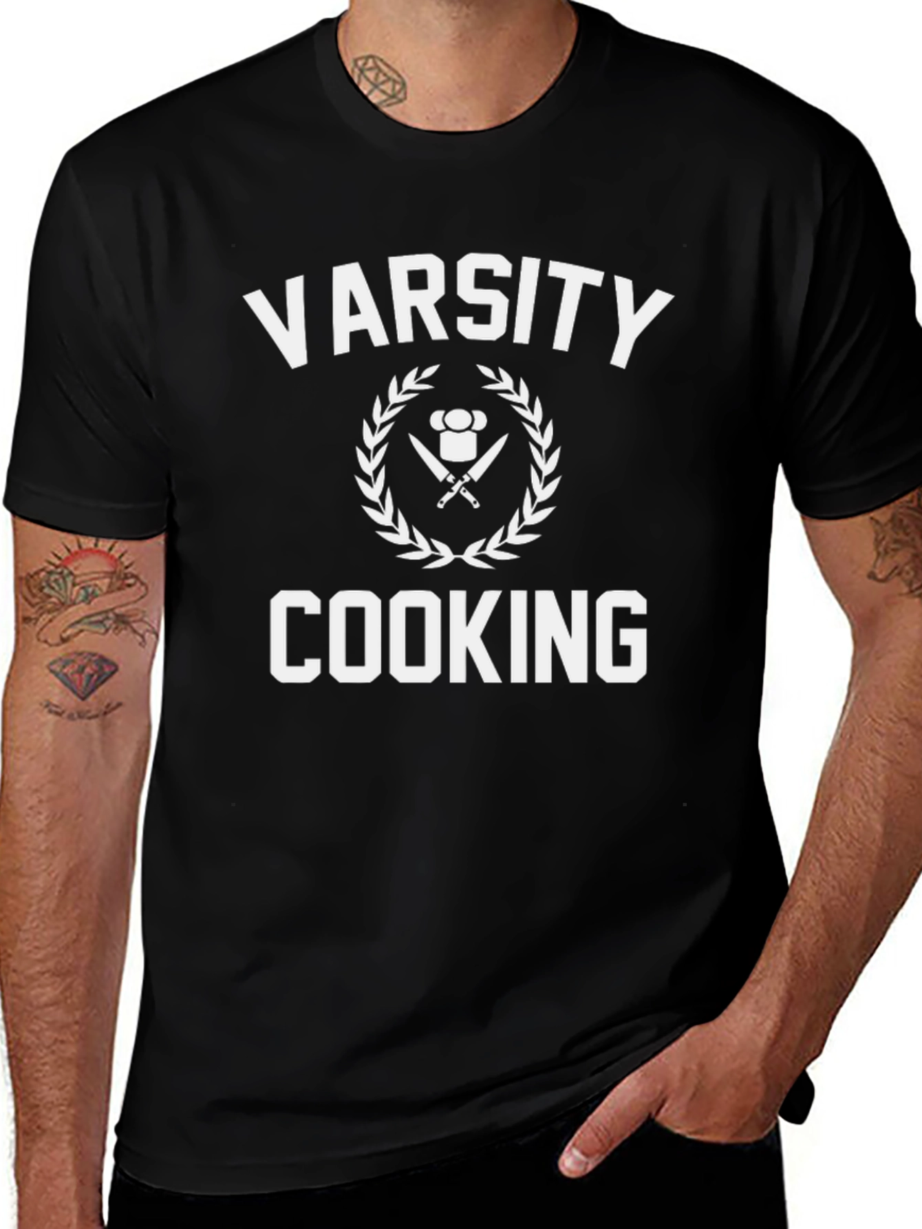 Varsity Cooking T-Shirt - Chefs Knife & Hat Design