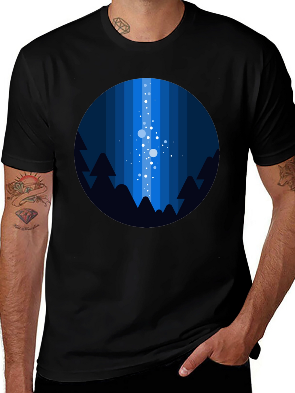 Night Sky T-Shirt - Geometric Tree & Star Design