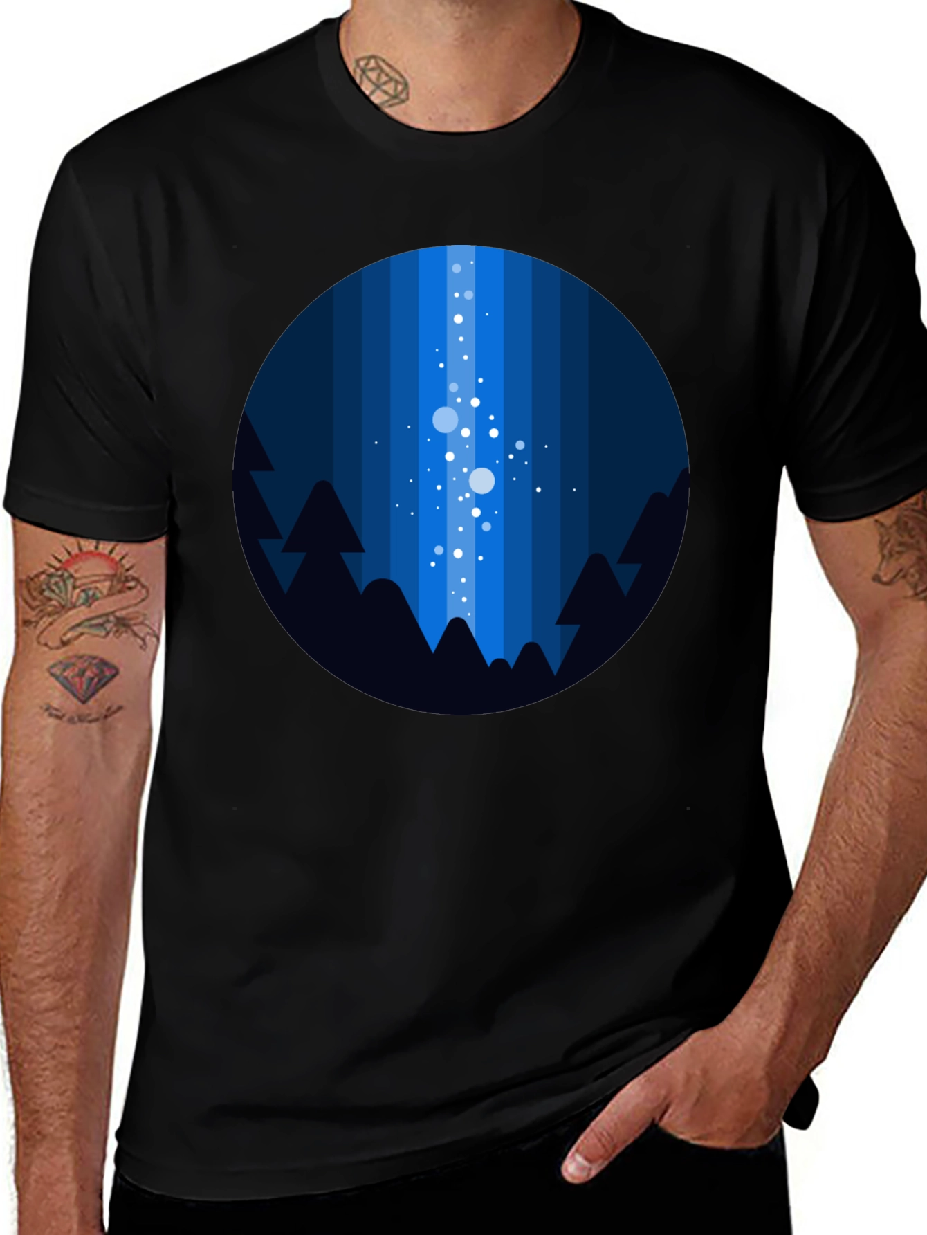 Night Sky T-Shirt - Geometric Tree & Star Design