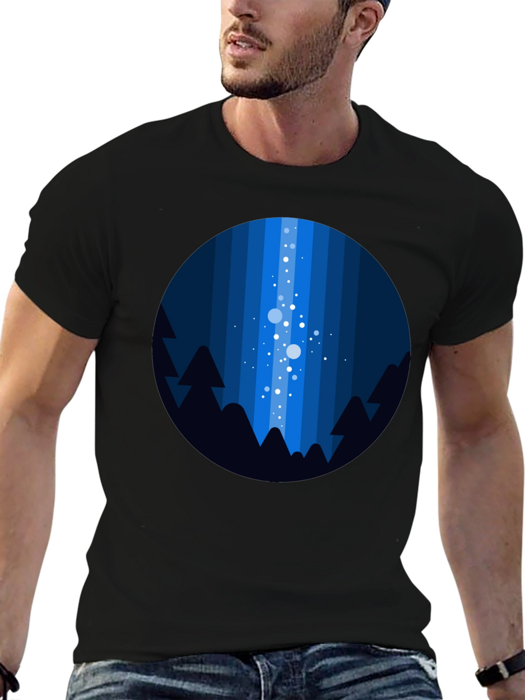 Night Sky T-Shirt - Geometric Tree & Star Design