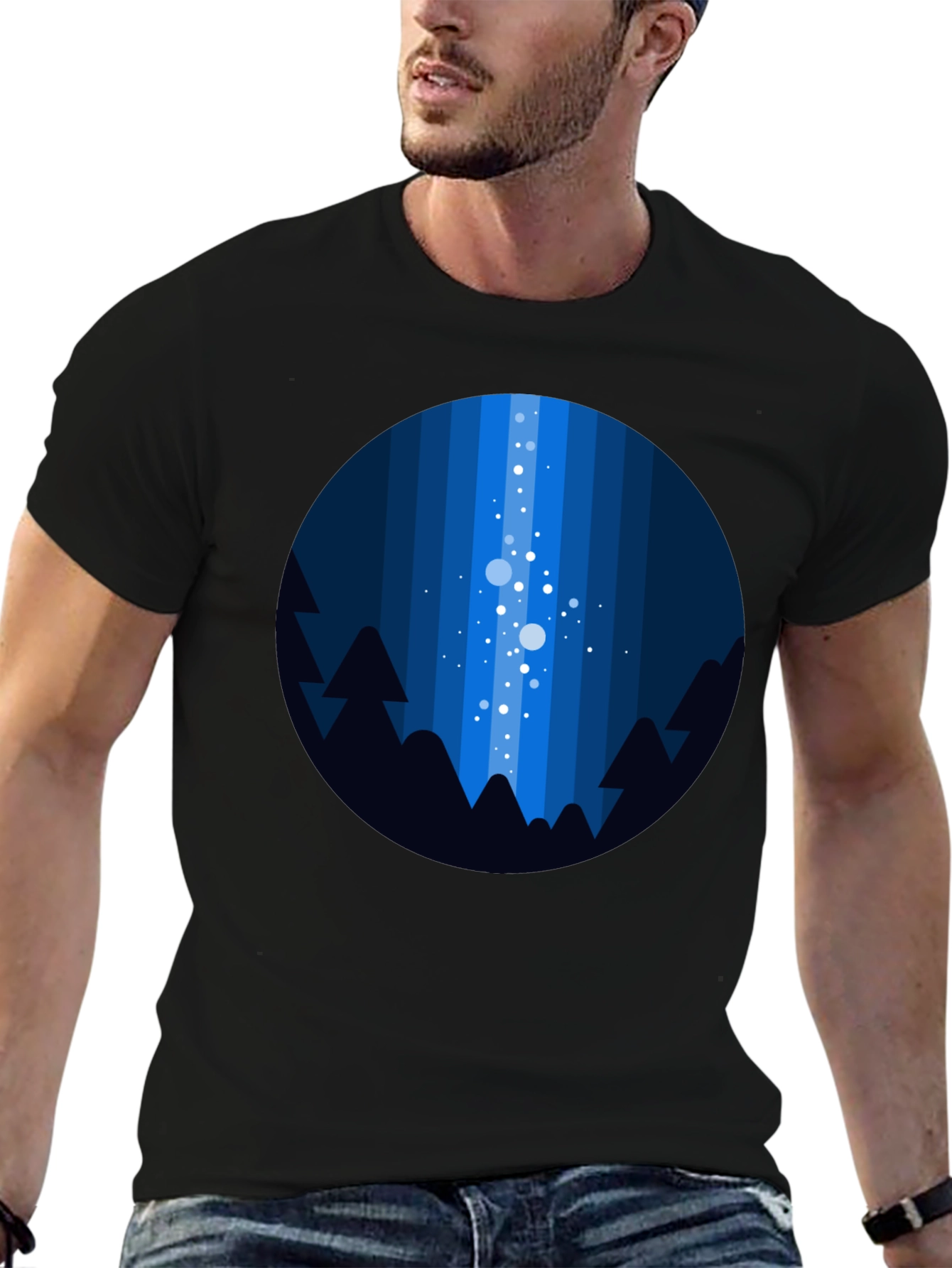 Night Sky T-Shirt - Geometric Tree & Star Design