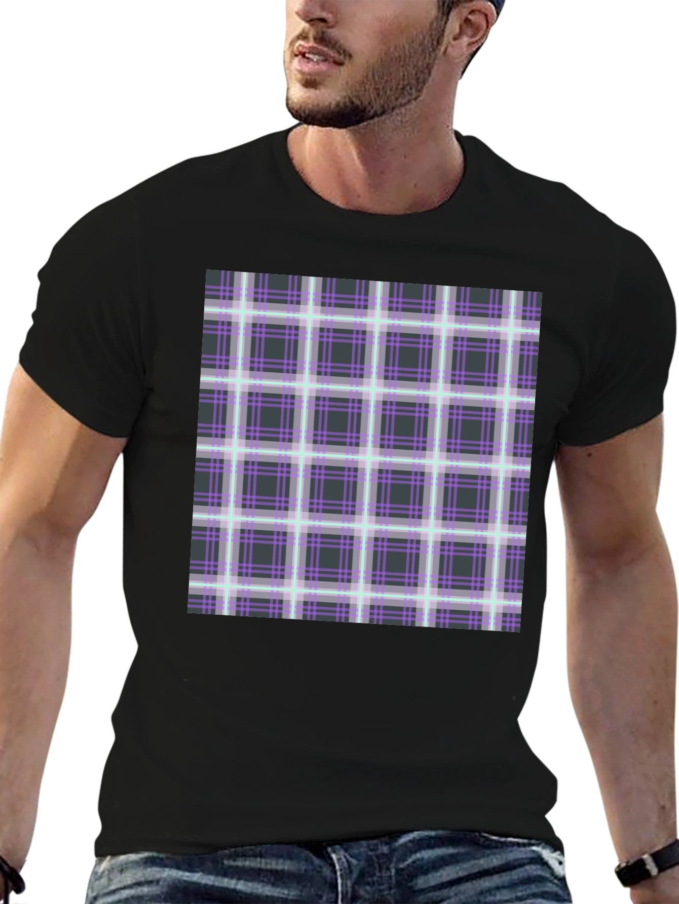 Plaid Graphic Print Black T-Shirt