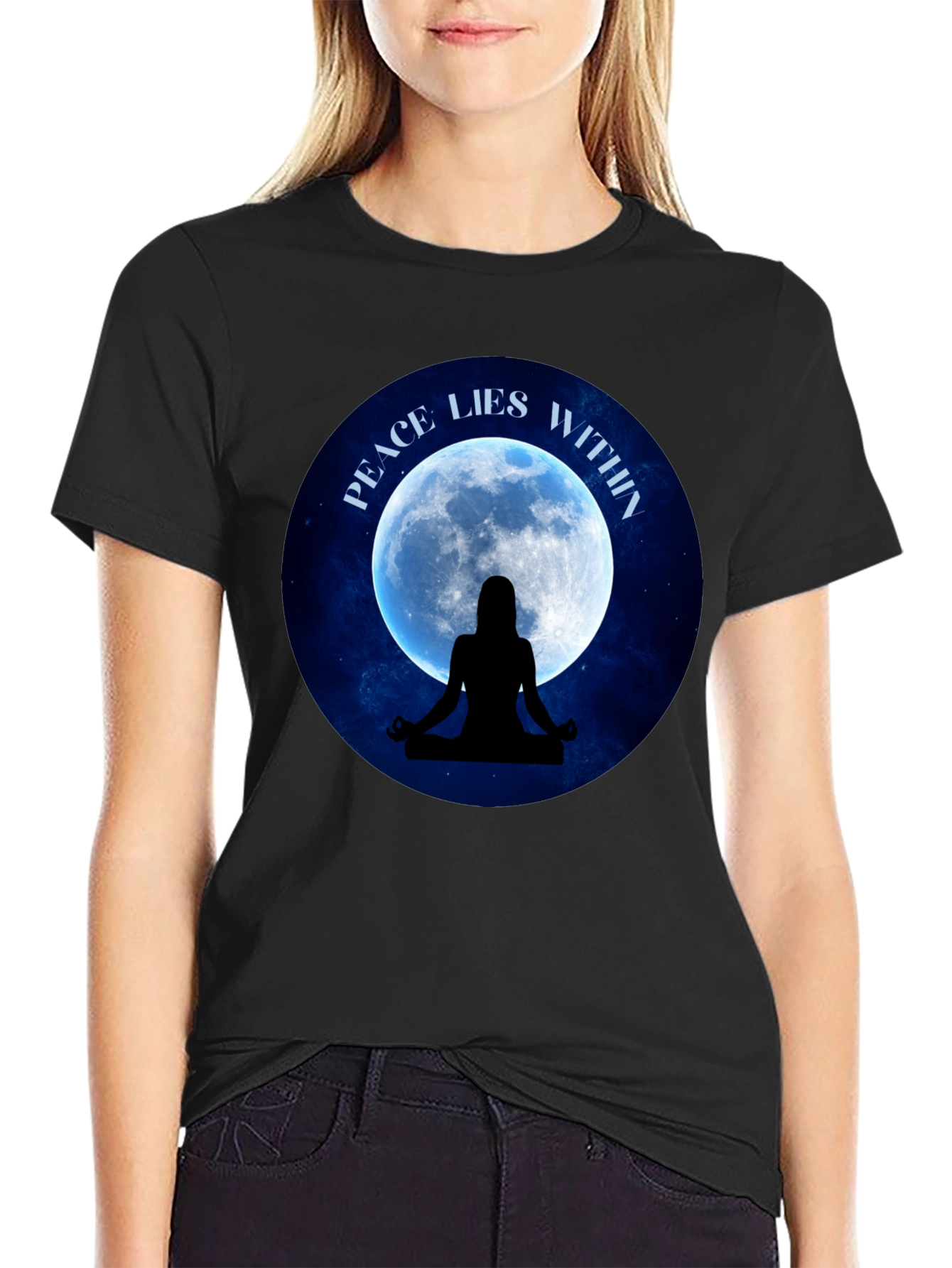 Peace Within T-Shirt - Meditating Silhouette Moon Graphic Tee