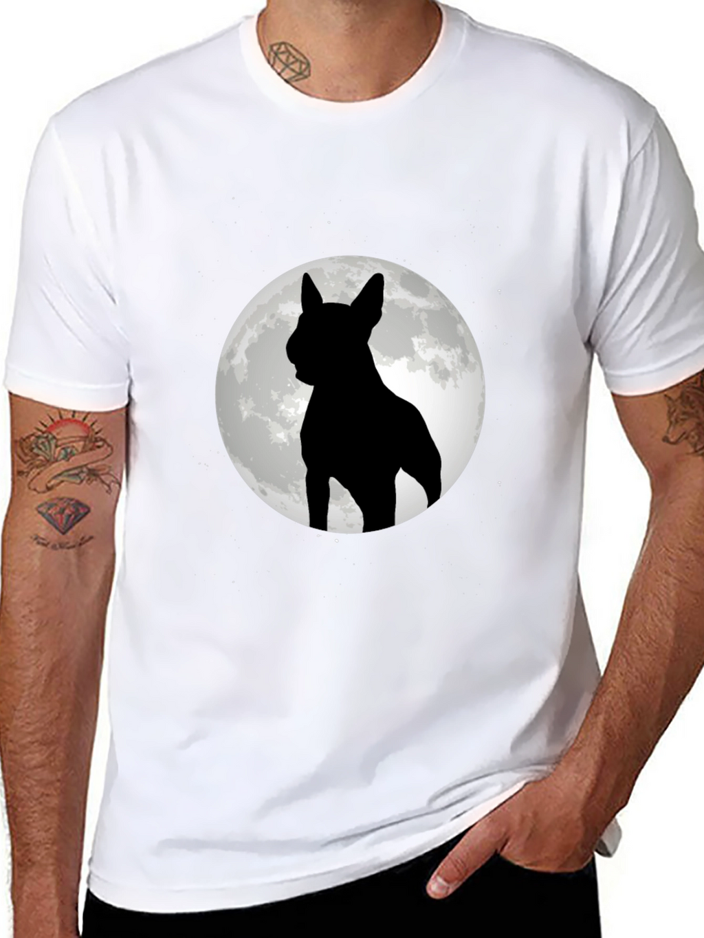 Dog Silhouette Moon Graphic Tee - Black Cotton Blend