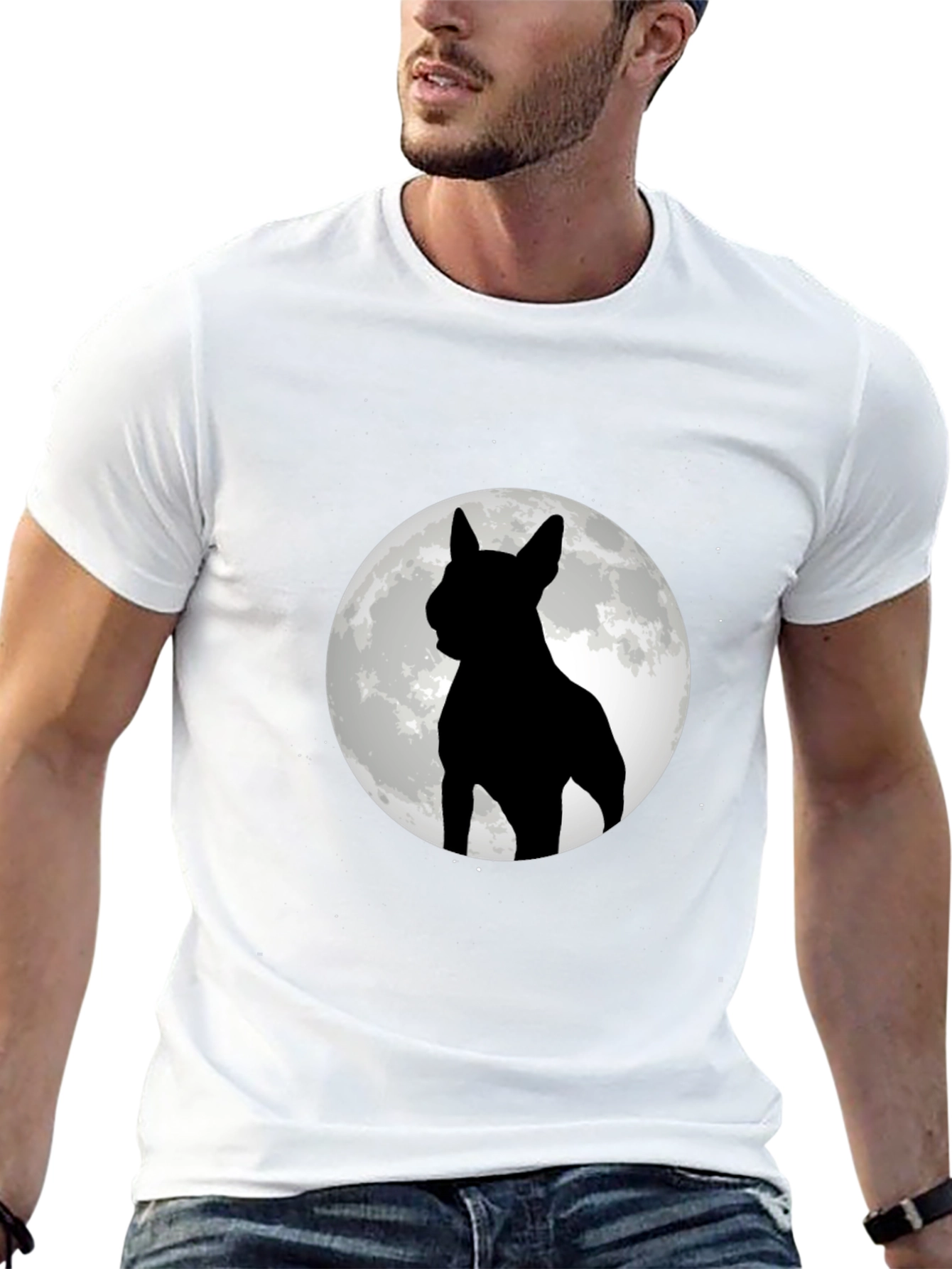 Dog Silhouette Moon Graphic Tee - Black Cotton Blend