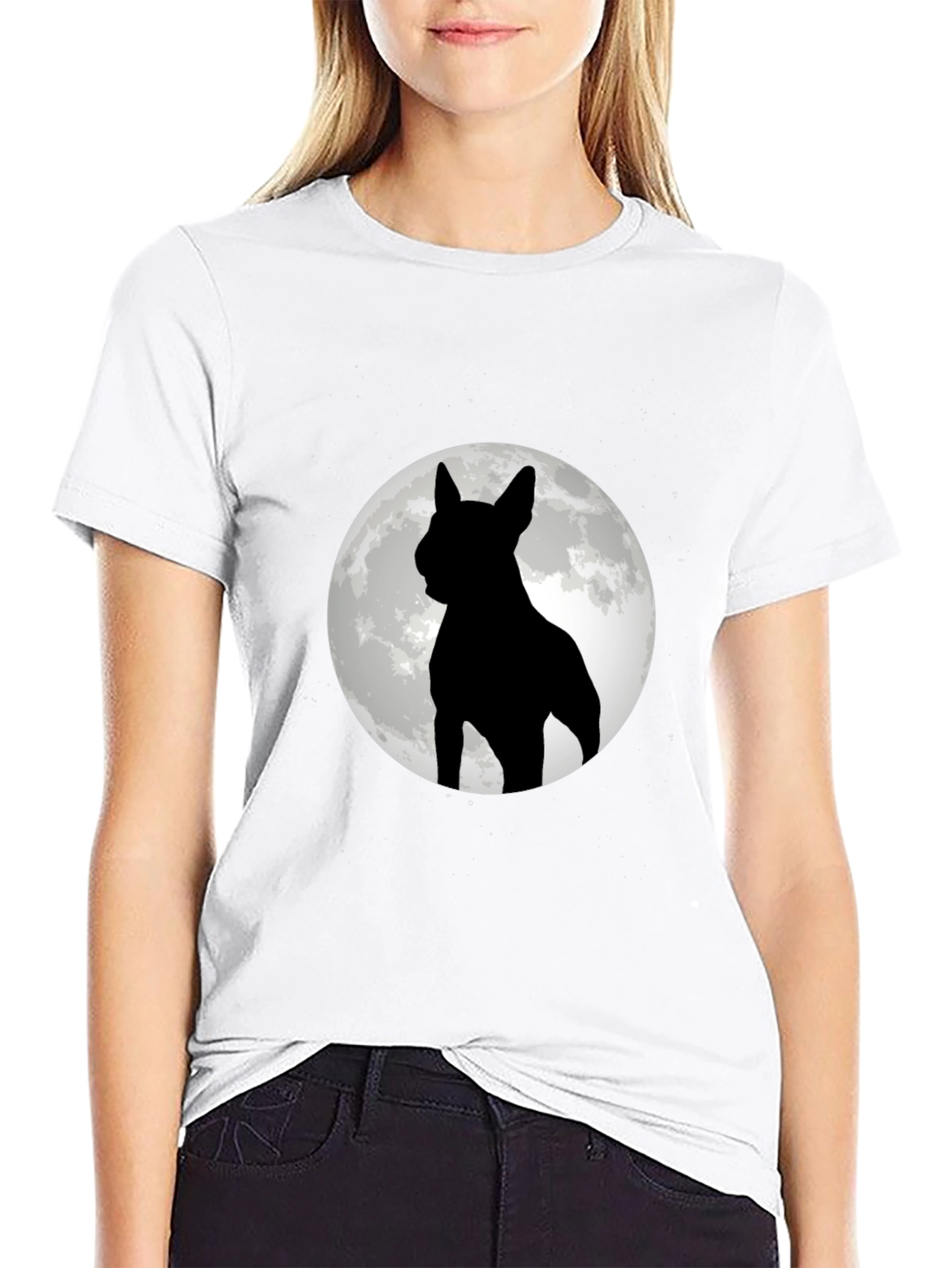 Dog Silhouette Moon Graphic Tee - Black Cotton Blend