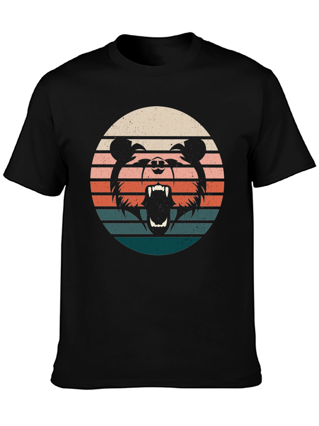 Retro Bear Sunset Graphic Tee - Black Cotton T-Shirt