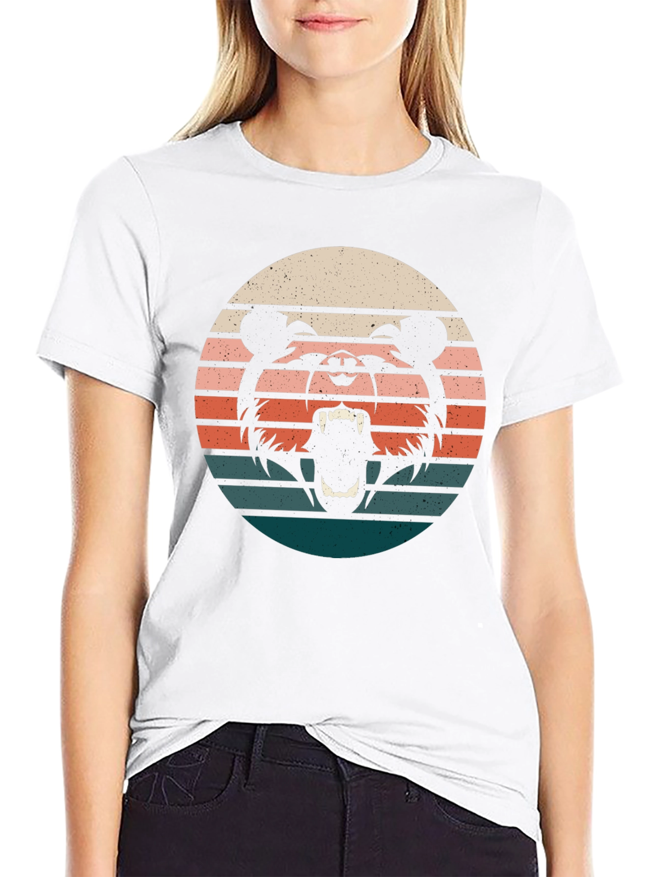 Retro Bear Sunset Graphic Tee - Black Cotton T-Shirt