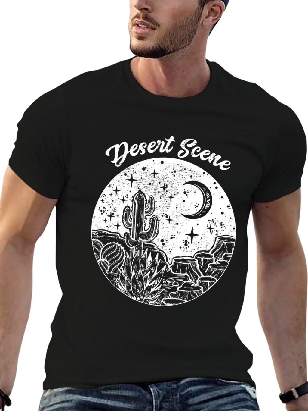Desert Scene Graphic Tee - Black Cotton T-Shirt