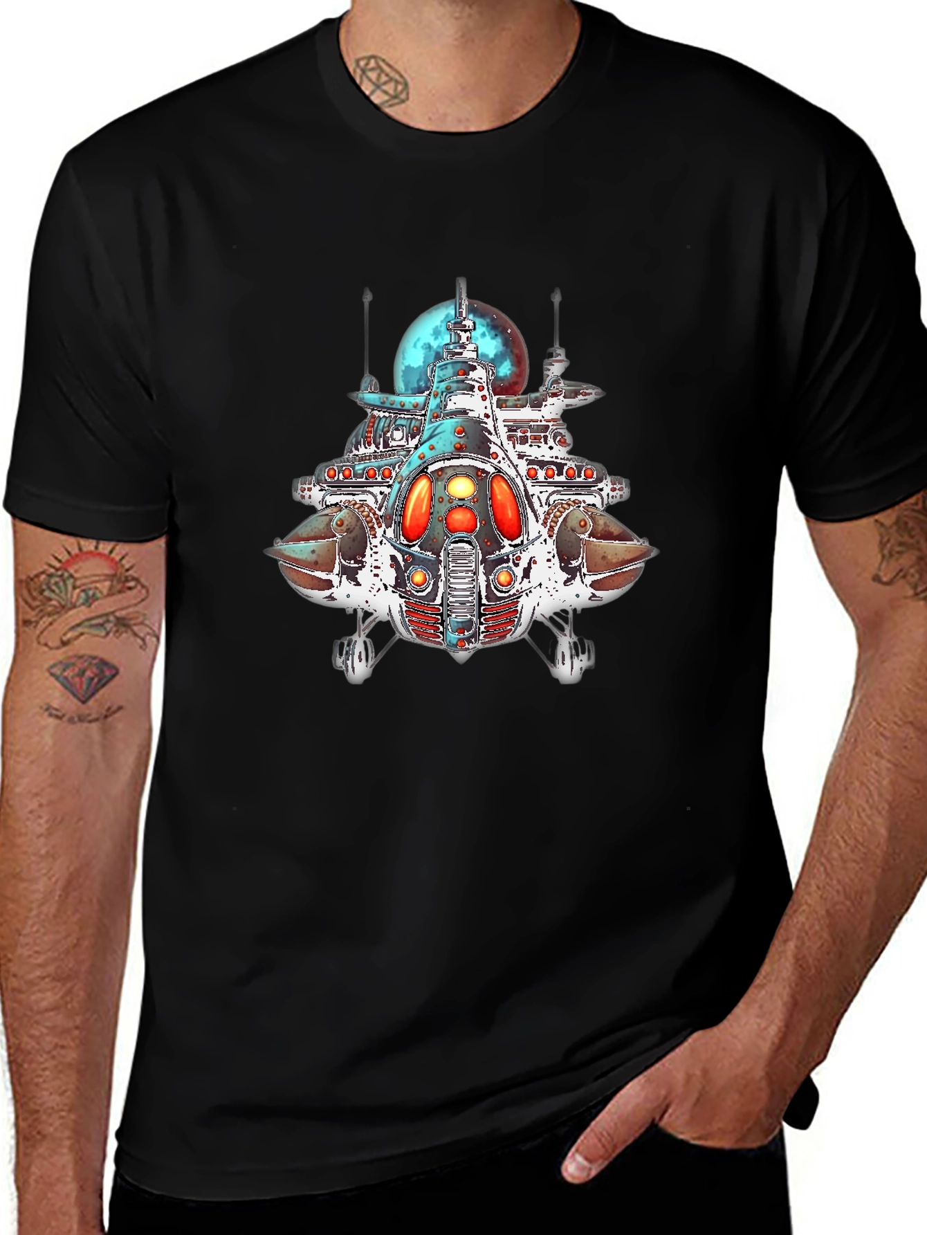 Sci-Fi Spaceship Graphic Black T-Shirt