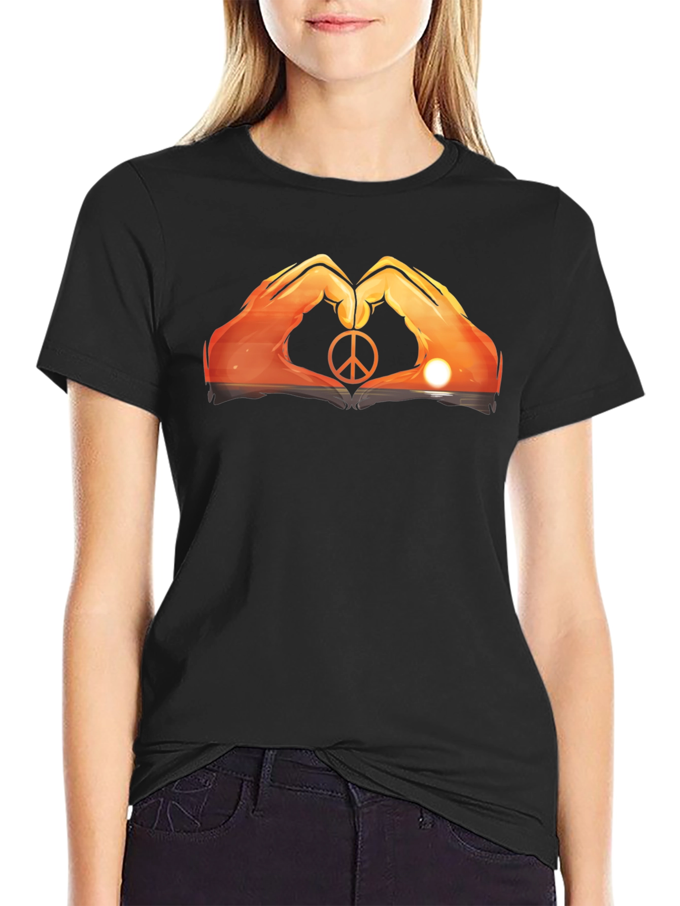 Peace Sign Hand Heart Sunset Graphic Tee