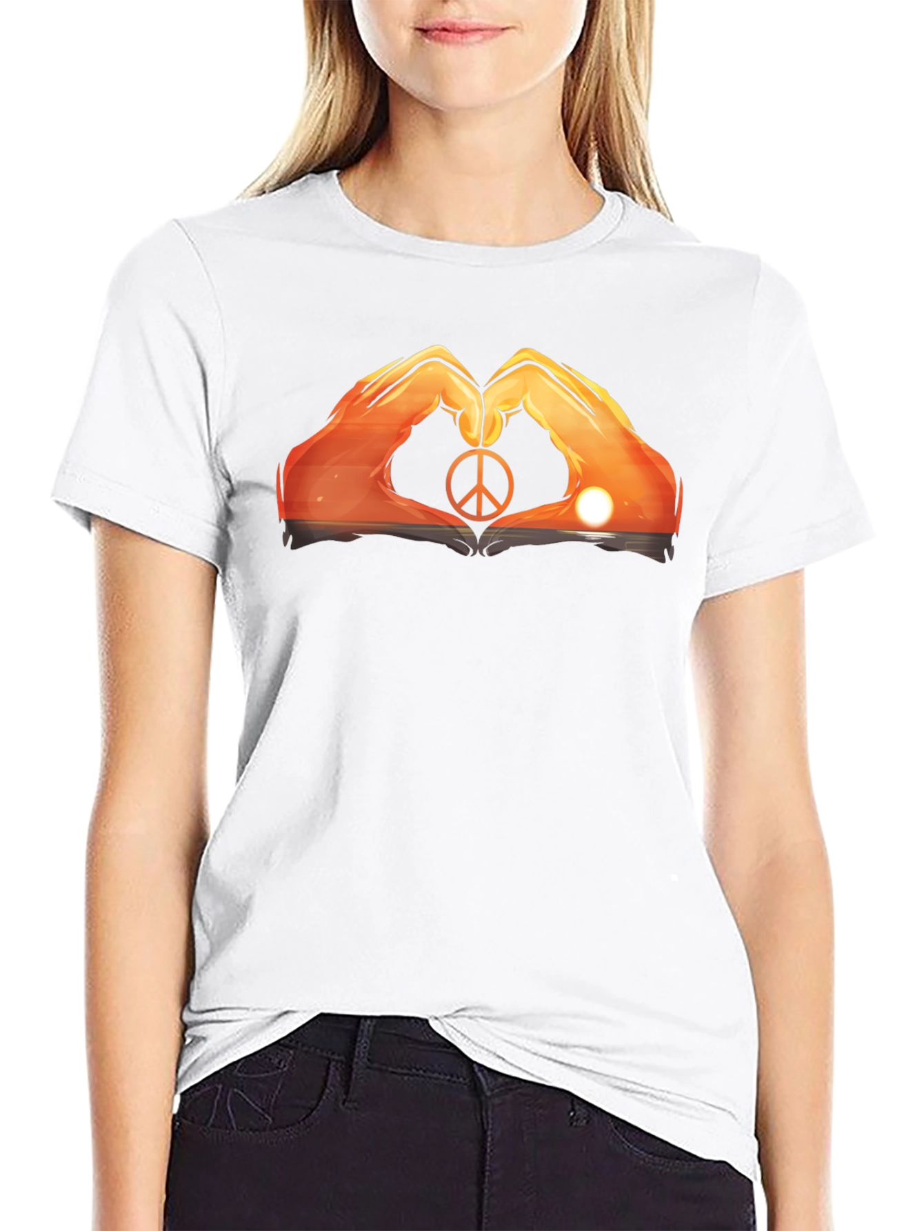 Peace Sign Hand Heart Sunset Graphic Tee