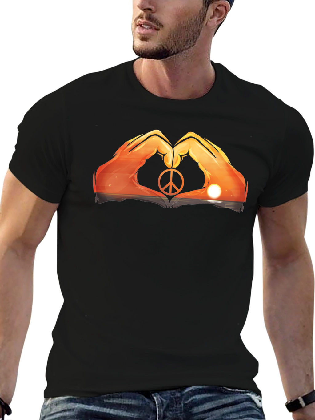 Peace Sign Hand Heart Sunset Graphic Tee