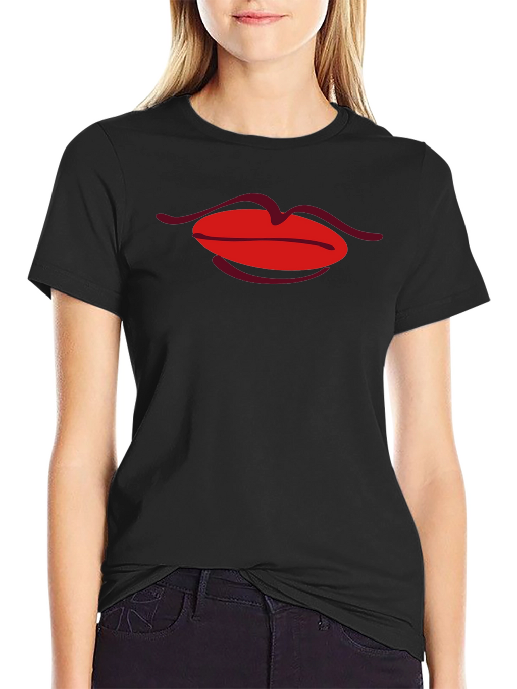 Red Lips Graphic Black T-Shirt
