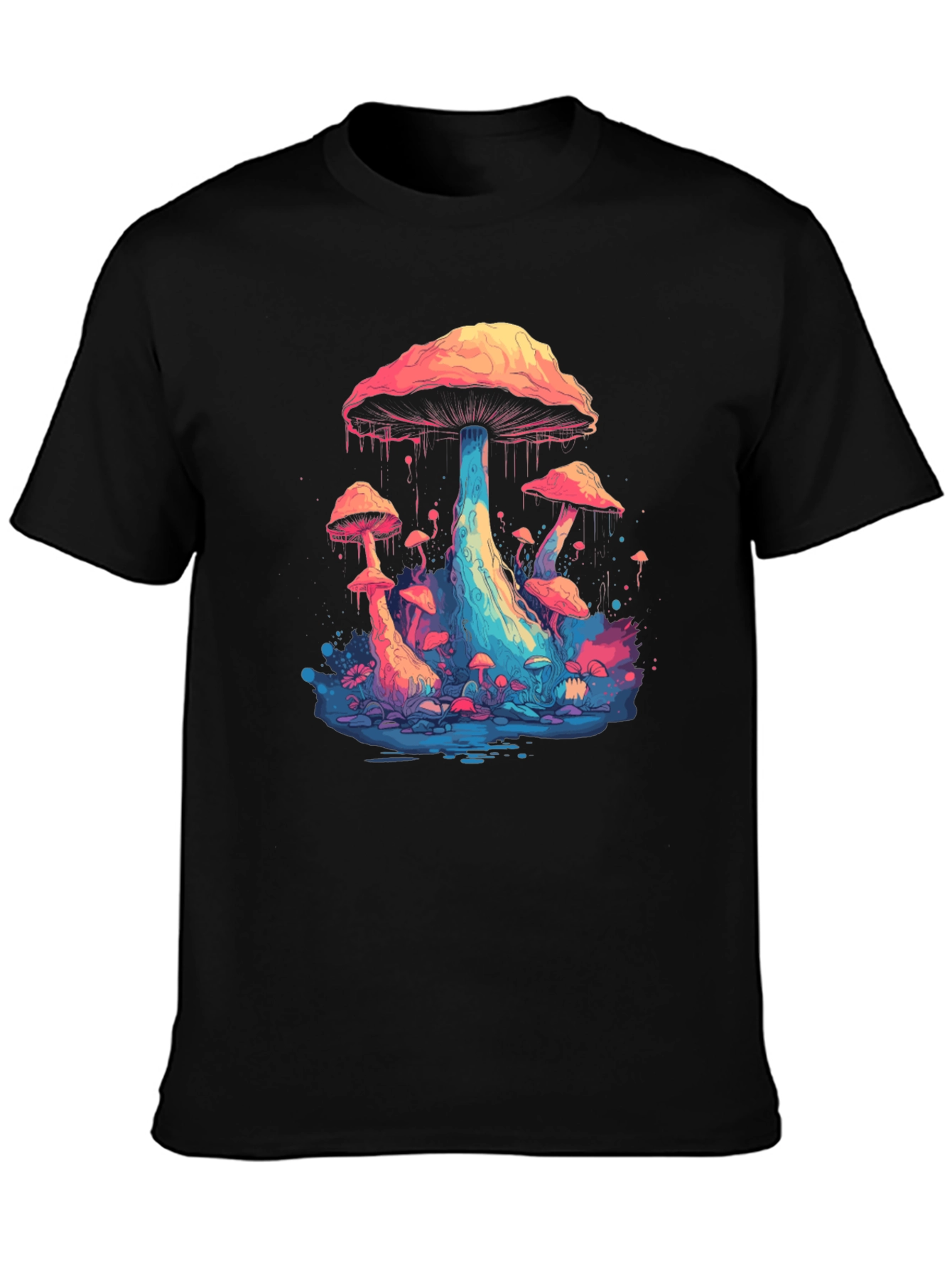 Psychedelic Mushroom Graphic Tee - Black Cotton Blend