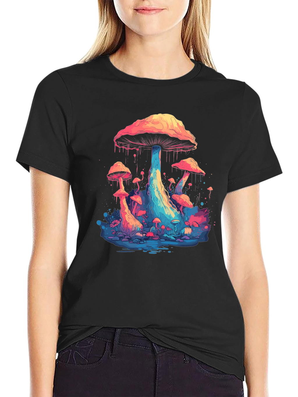 Psychedelic Mushroom Graphic Tee - Black Cotton Blend