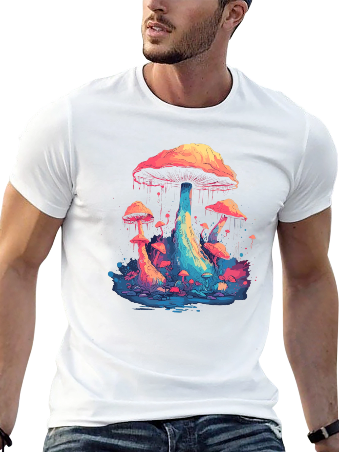 Psychedelic Mushroom Graphic Tee - Black Cotton Blend
