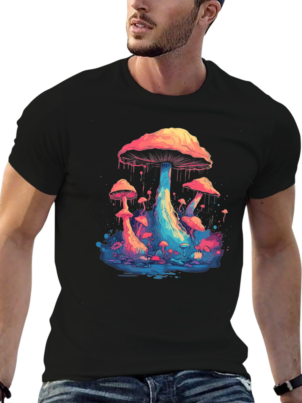 Psychedelic Mushroom Graphic Tee - Black Cotton Blend