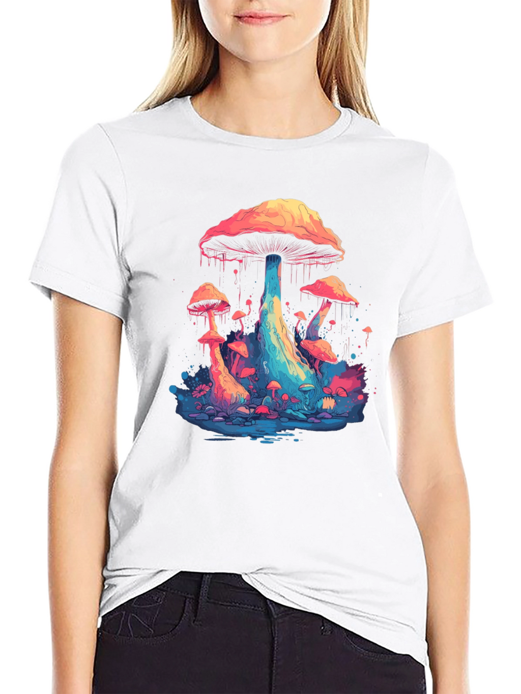 Psychedelic Mushroom Graphic Tee - Black Cotton Blend