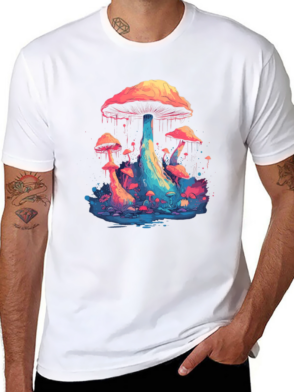 Psychedelic Mushroom Graphic Tee - Black Cotton Blend
