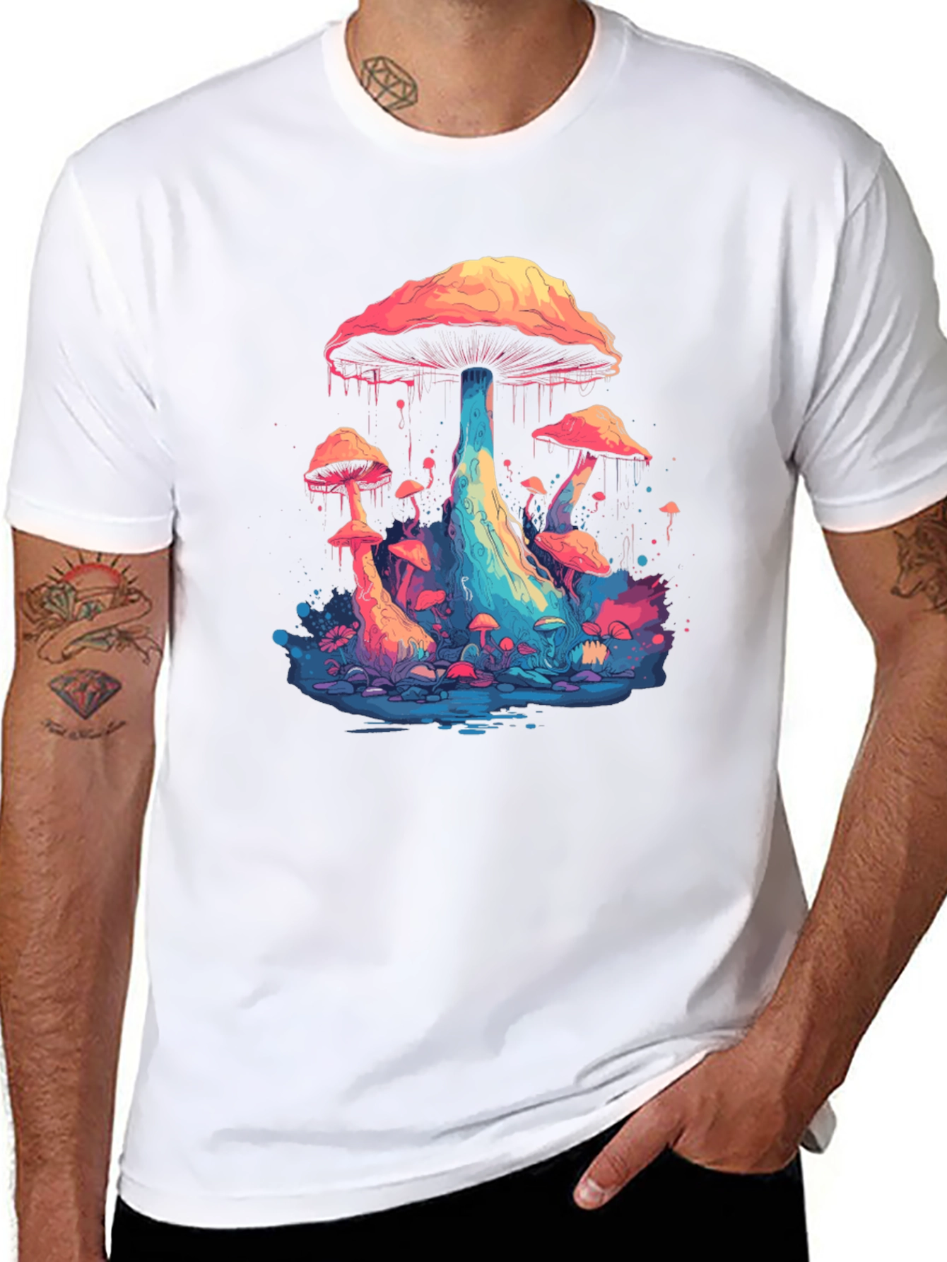 Psychedelic Mushroom Graphic Tee - Black Cotton Blend