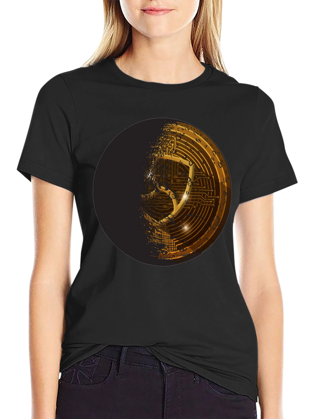 Cyber Shield Black T-Shirt - Futuristic Design