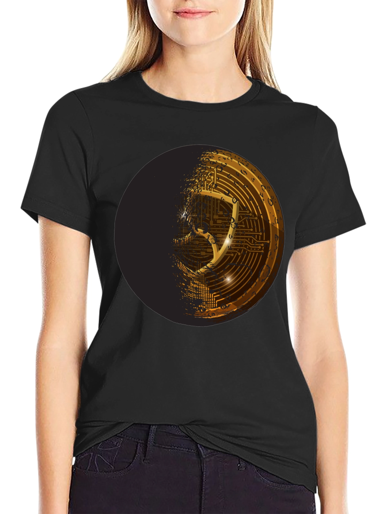 Cyber Shield Black T-Shirt - Futuristic Design