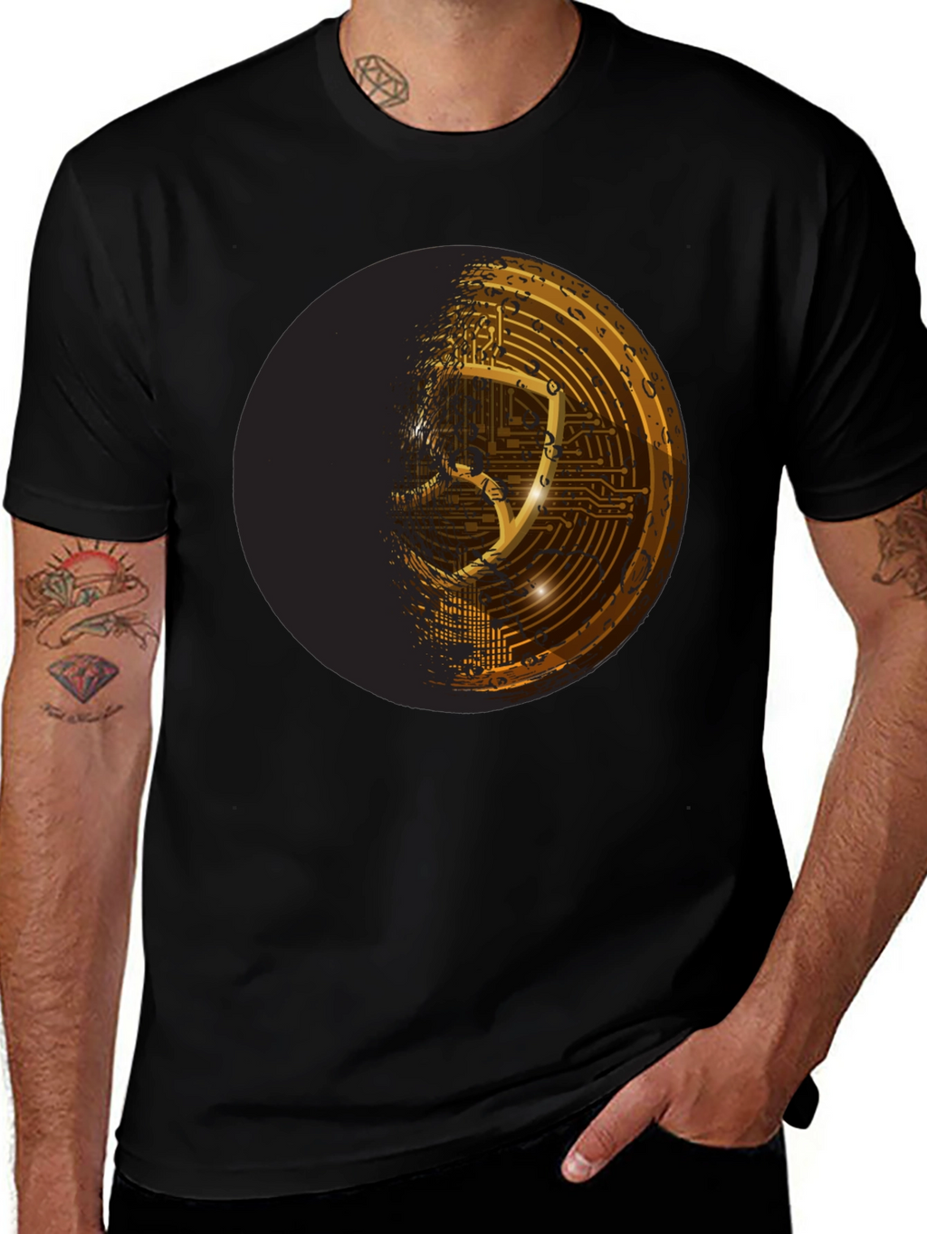Cyber Shield Black T-Shirt - Futuristic Design