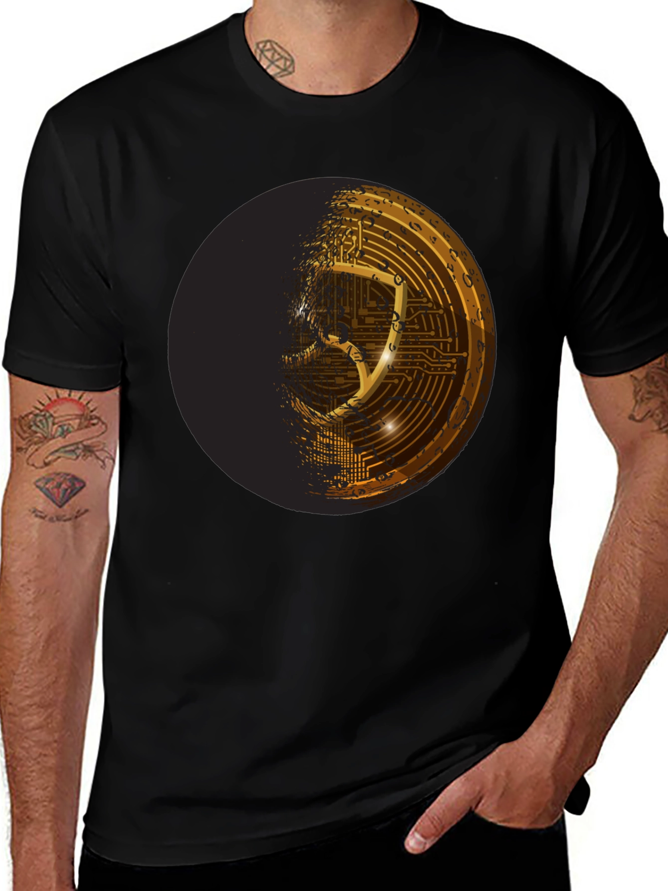 Cyber Shield Black T-Shirt - Futuristic Design