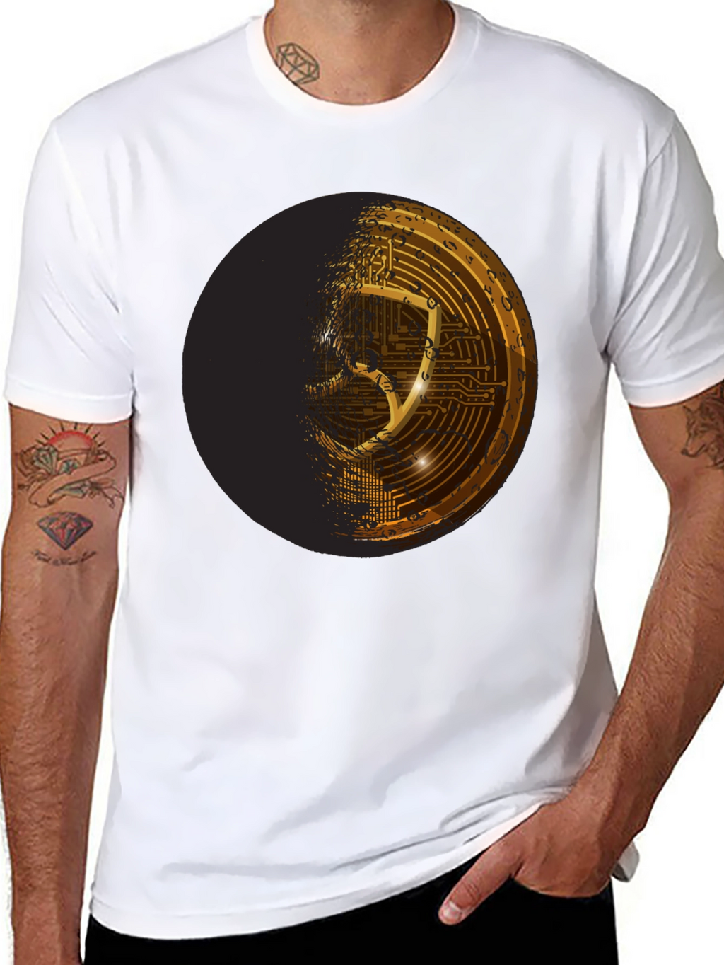 Cyber Shield Black T-Shirt - Futuristic Design