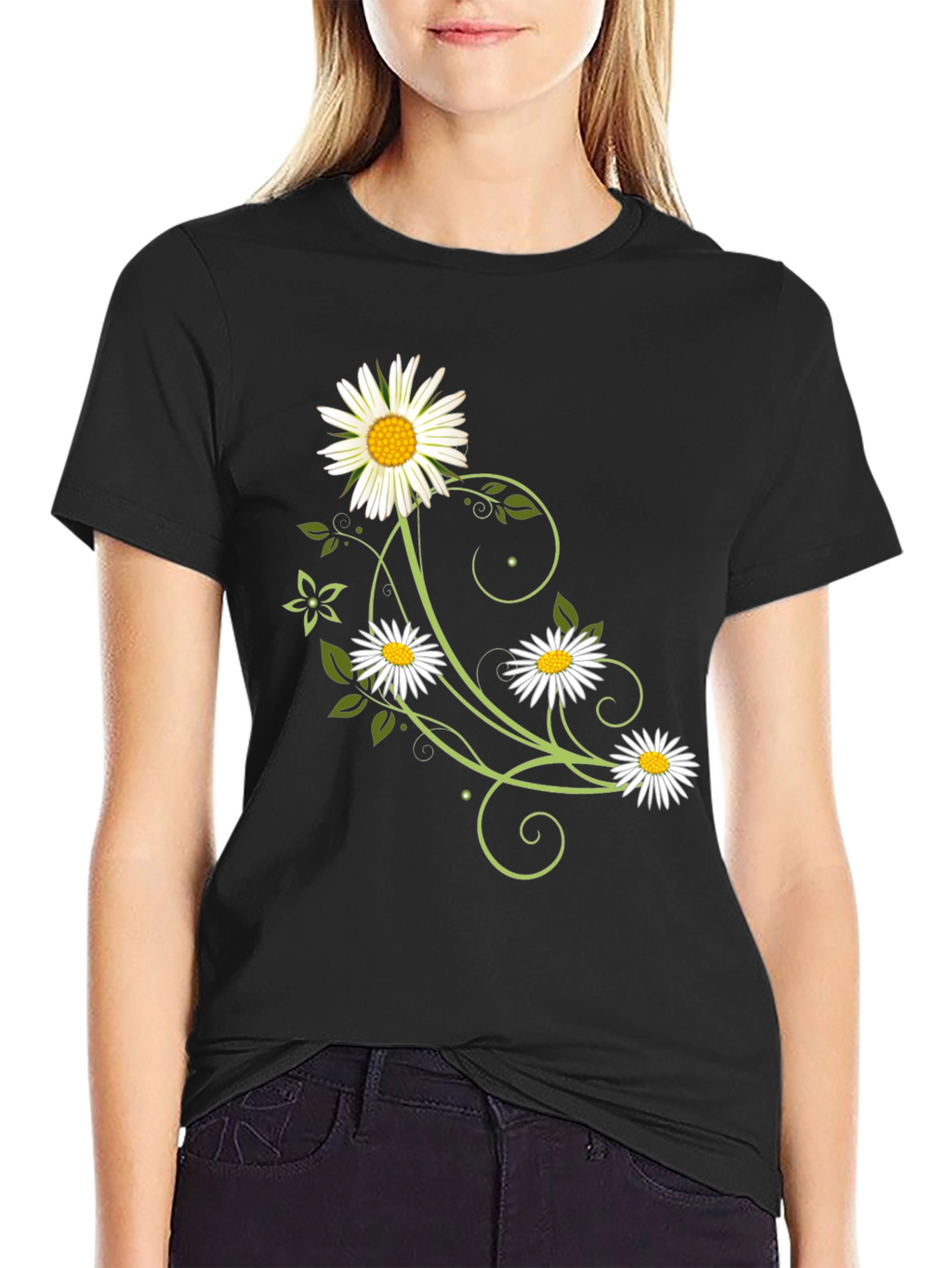 Floral Daisy Graphic Tee - Black Cotton Shirt
