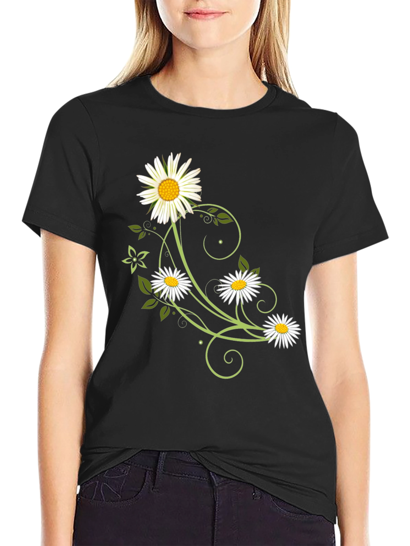 Floral Daisy Graphic Tee - Black Cotton Shirt