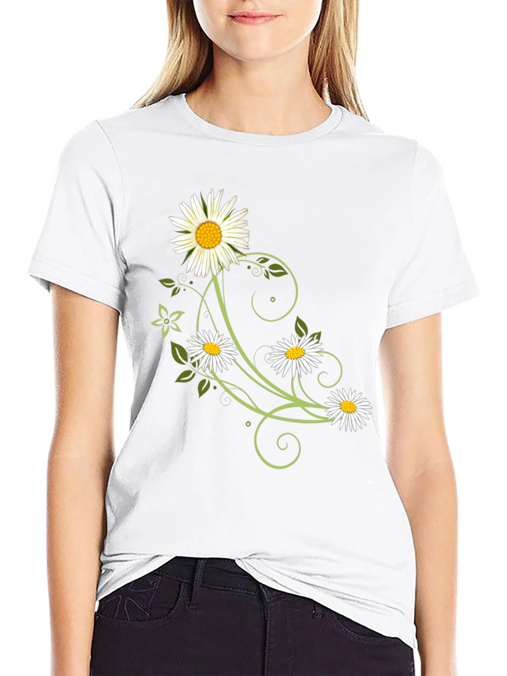 Floral Daisy Graphic Tee - Black Cotton Shirt