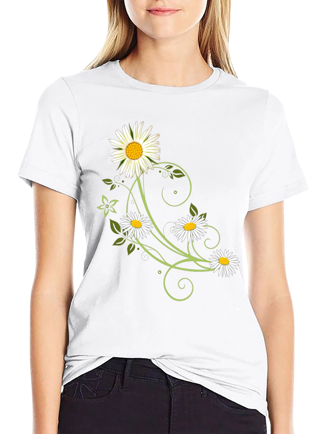 Floral Daisy Graphic Tee - Black Cotton Shirt