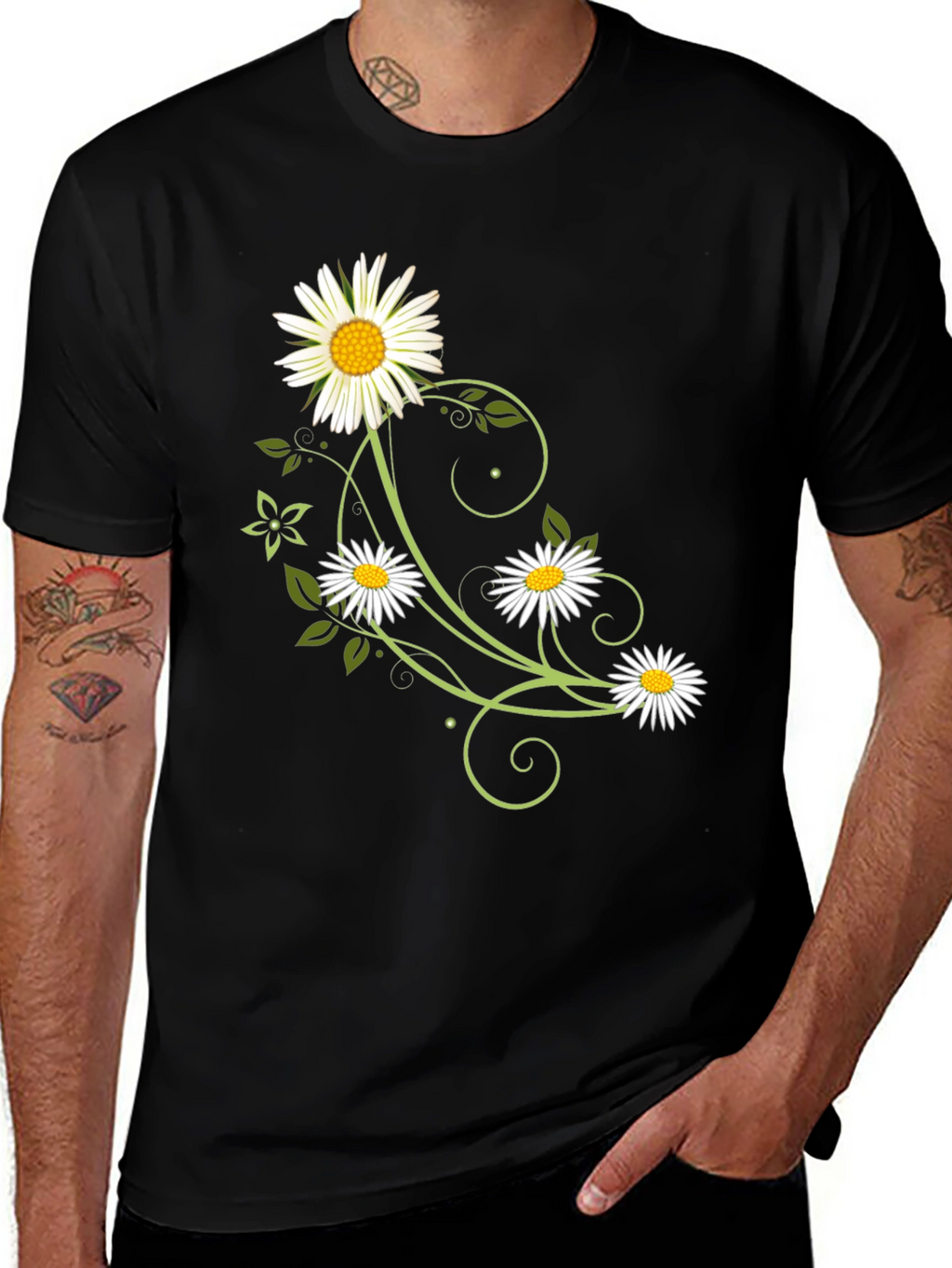 Floral Daisy Graphic Tee - Black Cotton Shirt